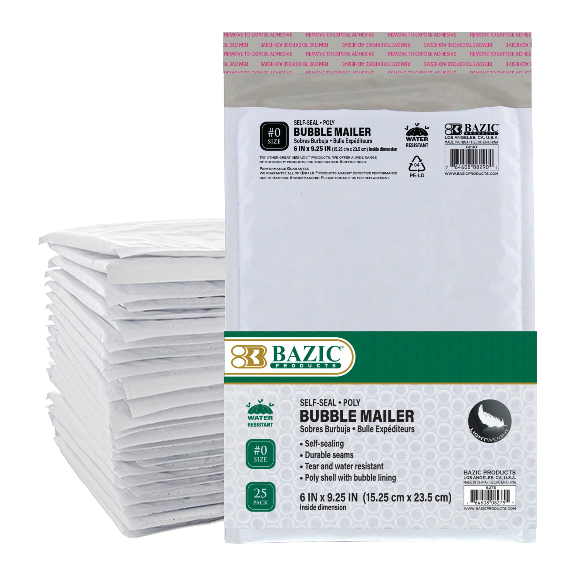 Pack of 25 Bazicstore BYOB 6x9.25 inch poly bubble mailers with secure closures, ideal for shipping and mailing fragile items.
