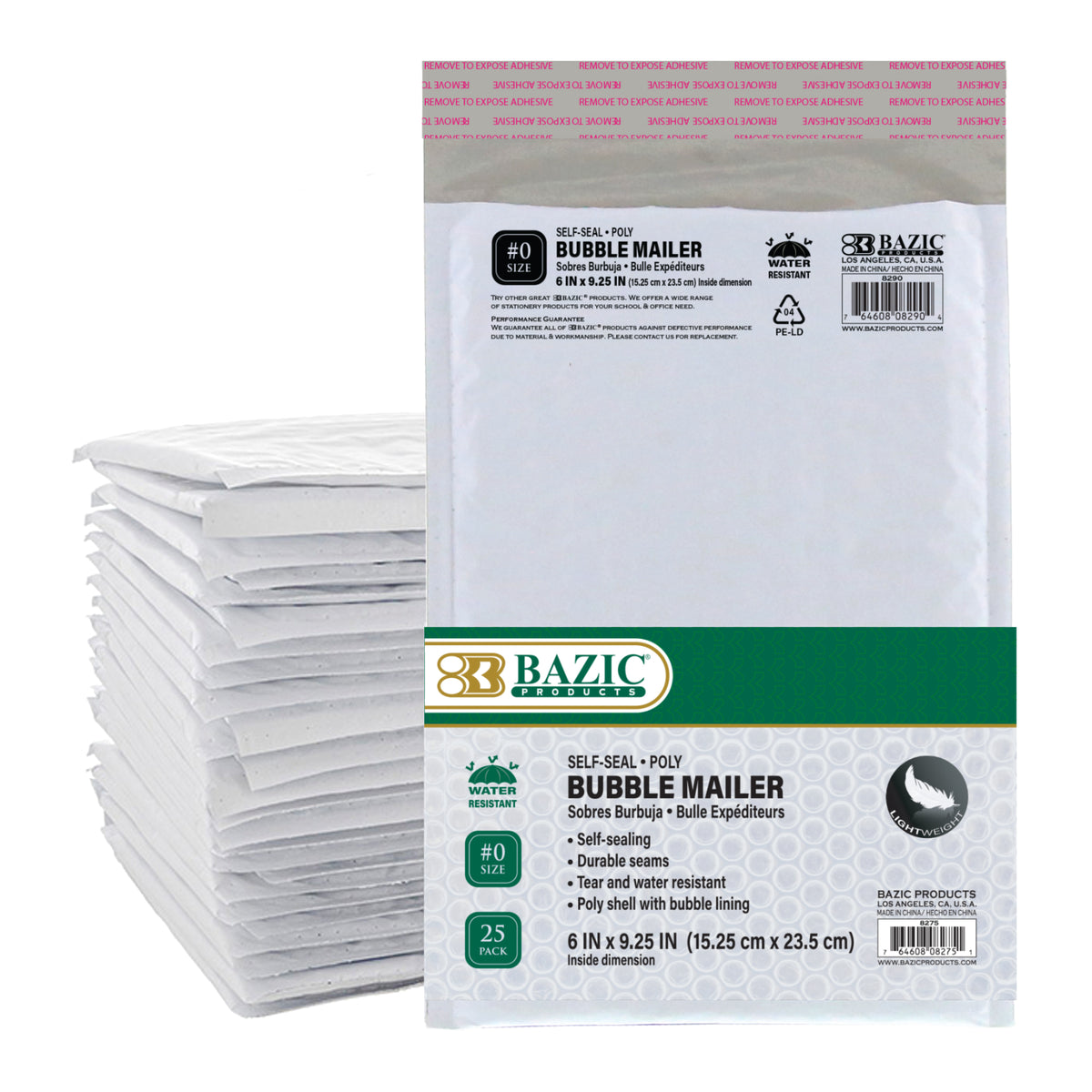 Pack of 25 Bazicstore BYOB 6x9.25 inch poly bubble mailers with secure closures, ideal for shipping and mailing fragile items.