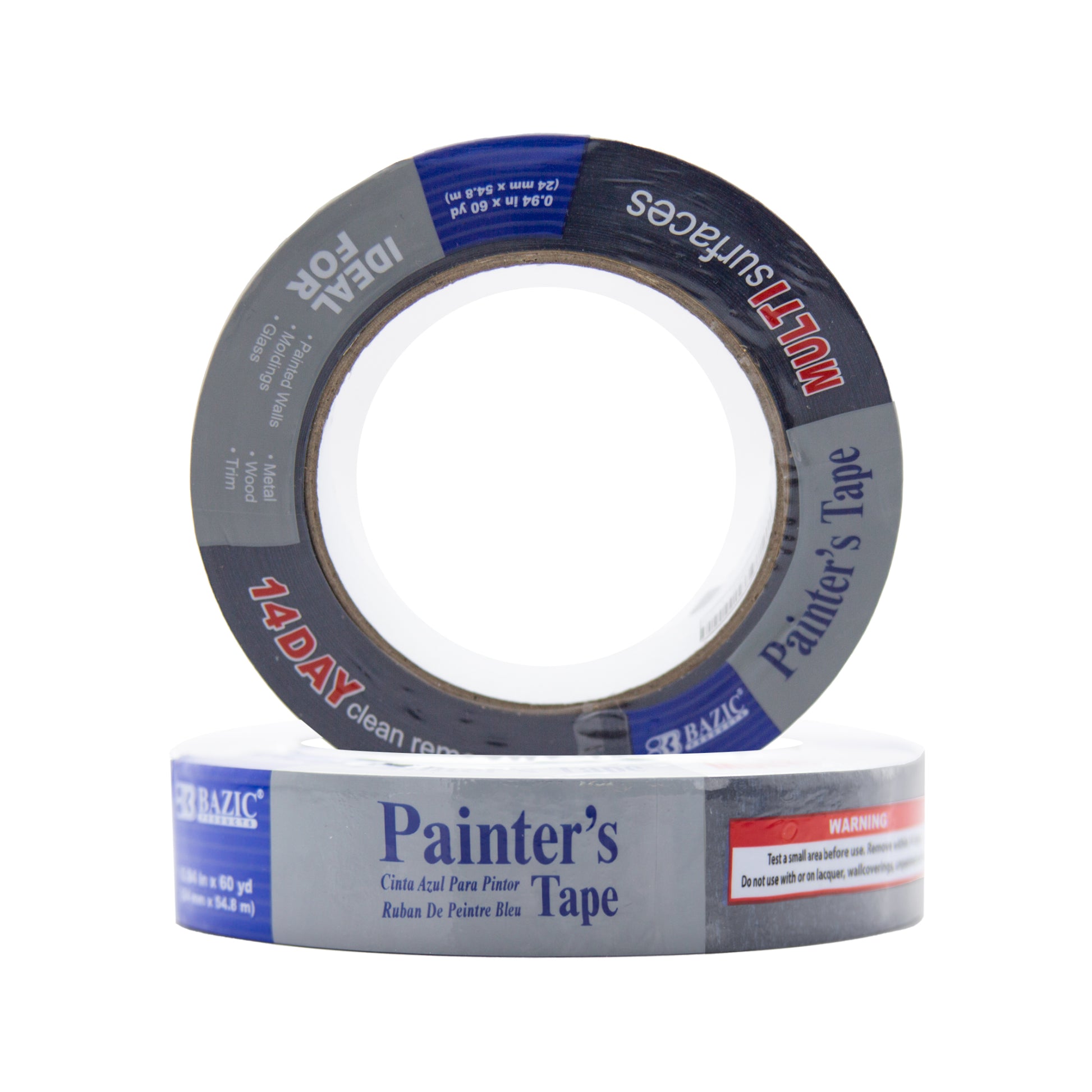 Blue Bazicstore BYOB painter's tape, 0.94 inches wide and 2160 inches long, shown rolled out on a surface for painting projects.