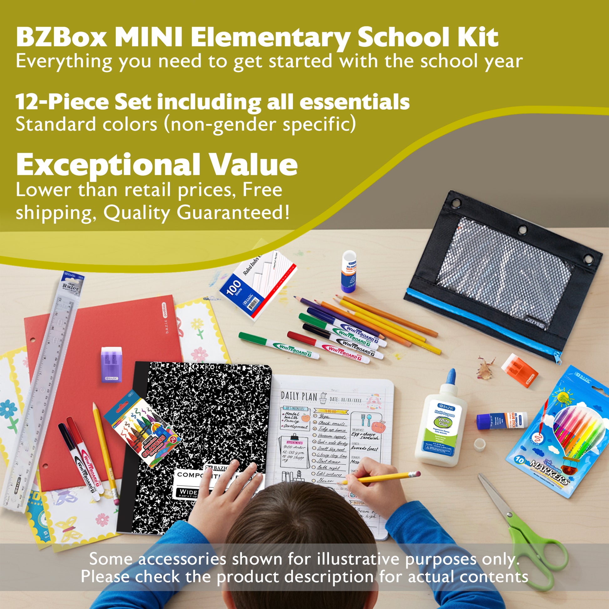Elementary school back to school kit by BZ, mini US edition, includes essential school supplies in a compact package.