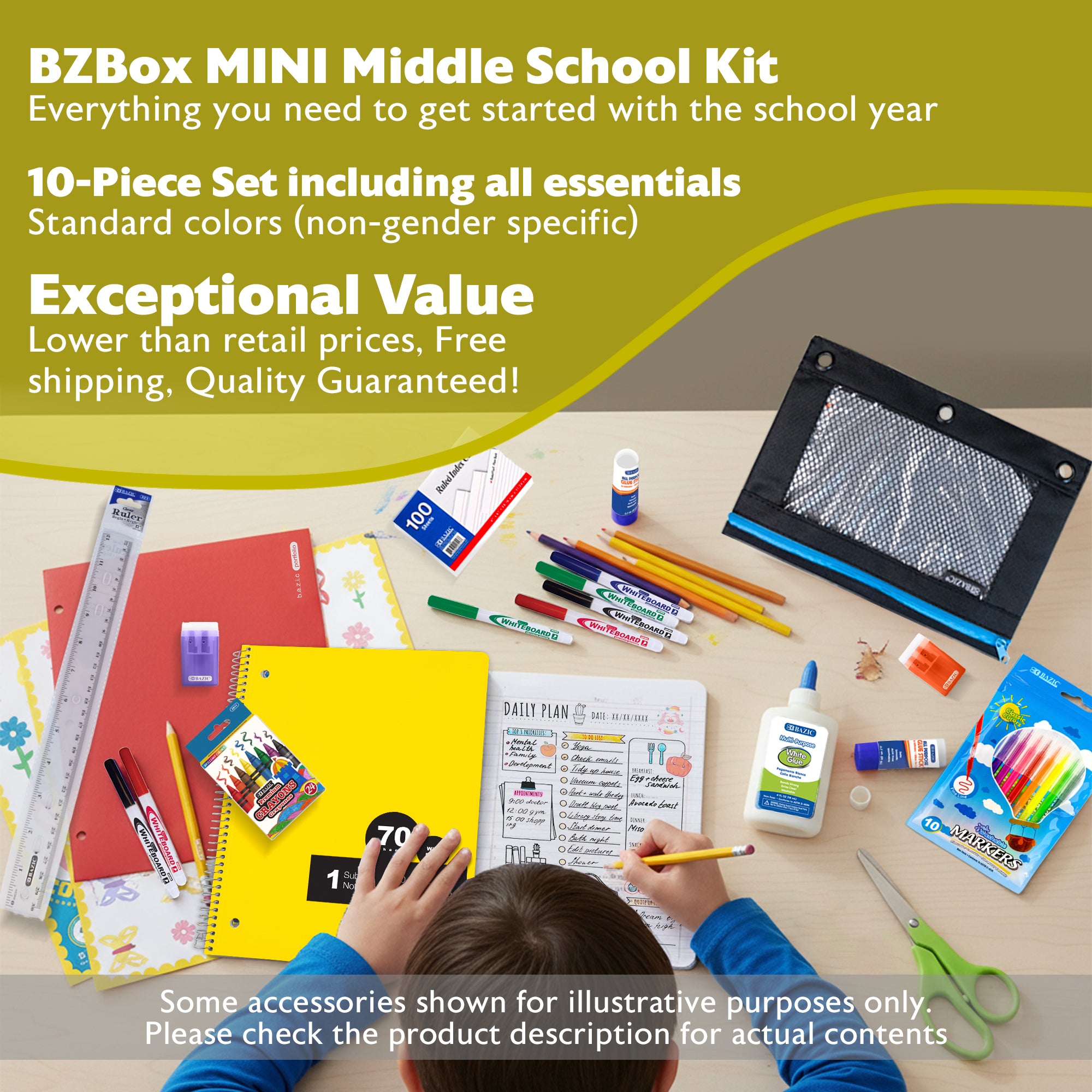 Middle school back to school kit by BZ featuring mini school supplies and essentials for students.