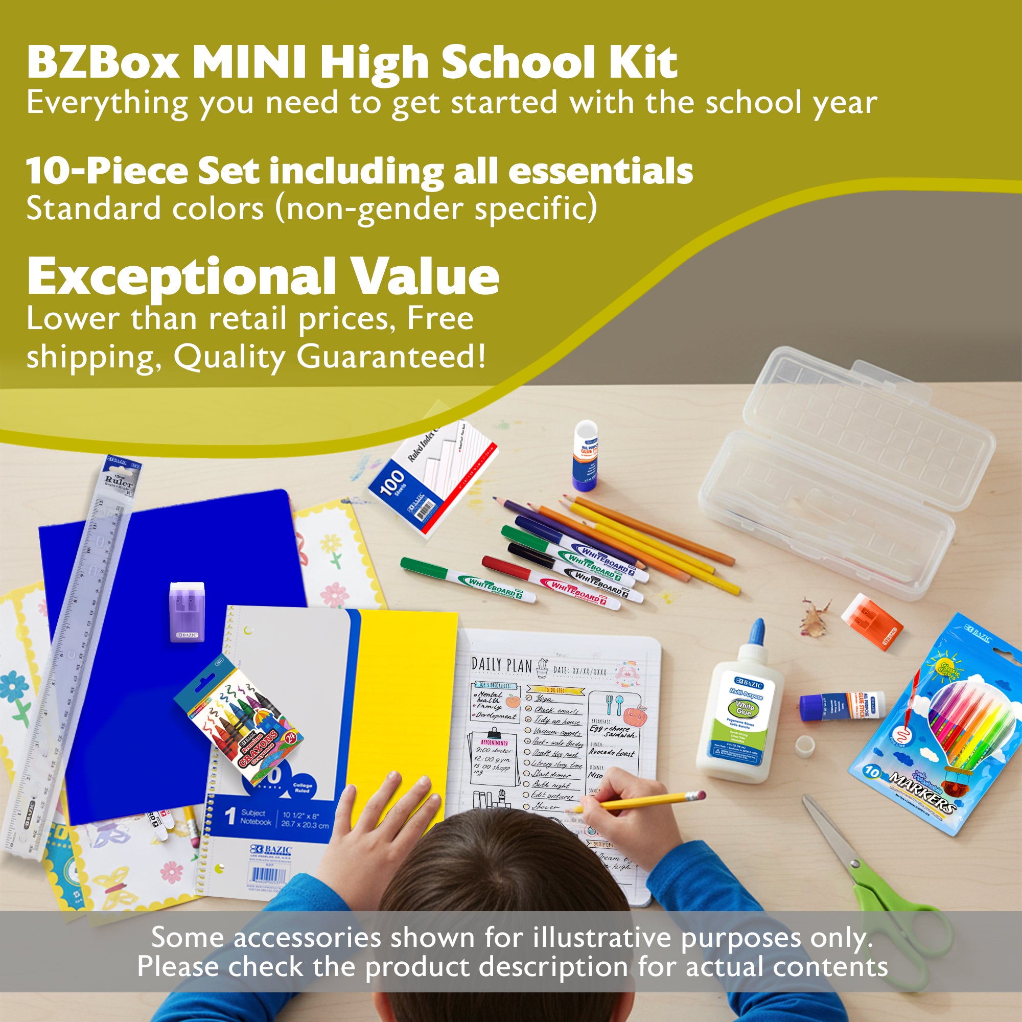 High school back to school kit by BZ, including mini stationery and supplies for students, in vibrant colors and compact design.
