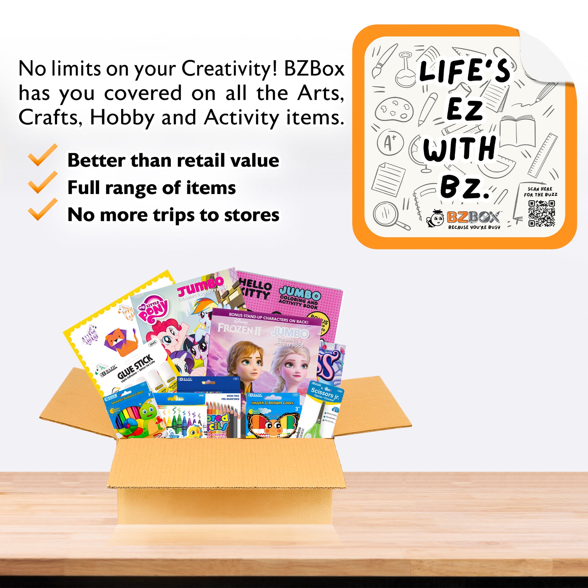 Kids coloring activity kit by BZ featuring 11 art supplies, including crayons, markers, and coloring pages in a mini box.
