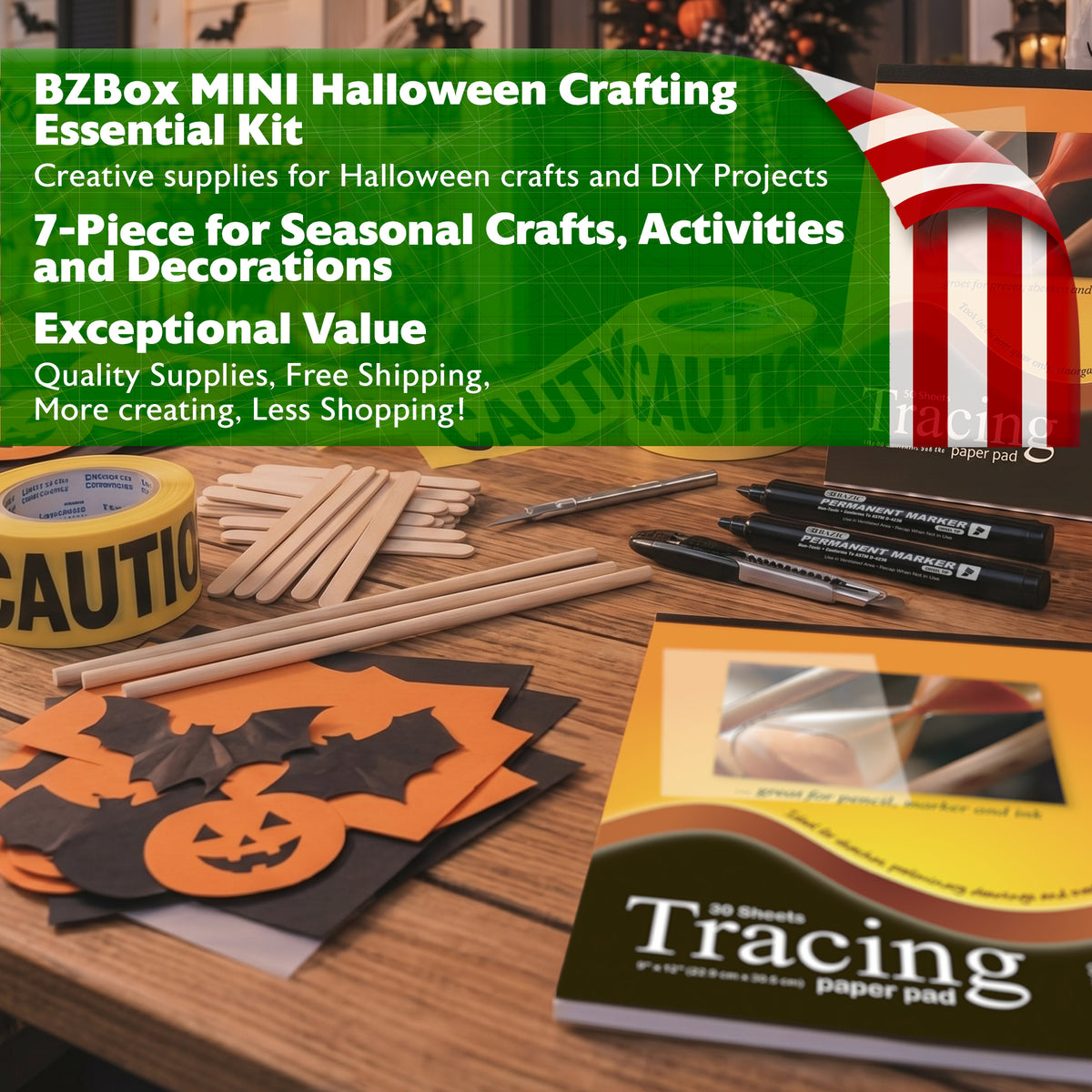 BZBox Halloween crafting essentials kit with 7 pieces, including seasonal craft supplies for Halloween decorations.