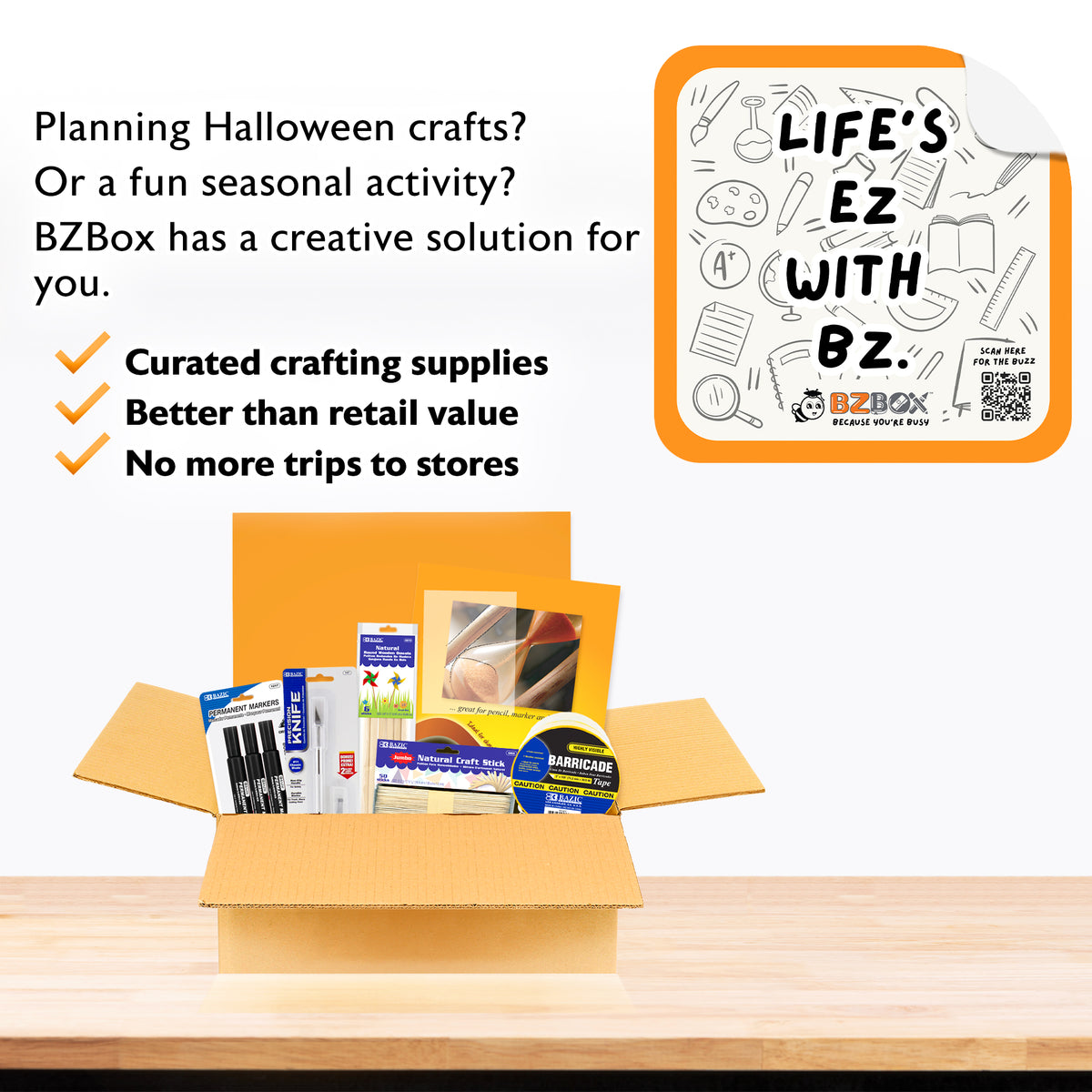 BZBox Halloween crafting essentials kit with 7 seasonal craft supplies for creative Halloween decorations and projects.