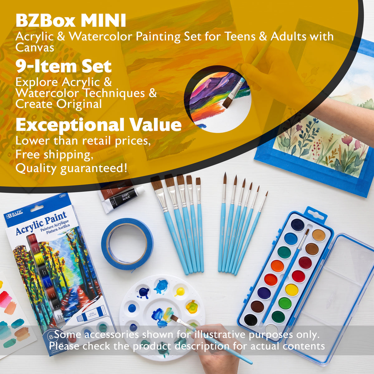 Acrylic & Watercolor Painting Set for Teens & Adults with Canvas, 9 Items, BZBox