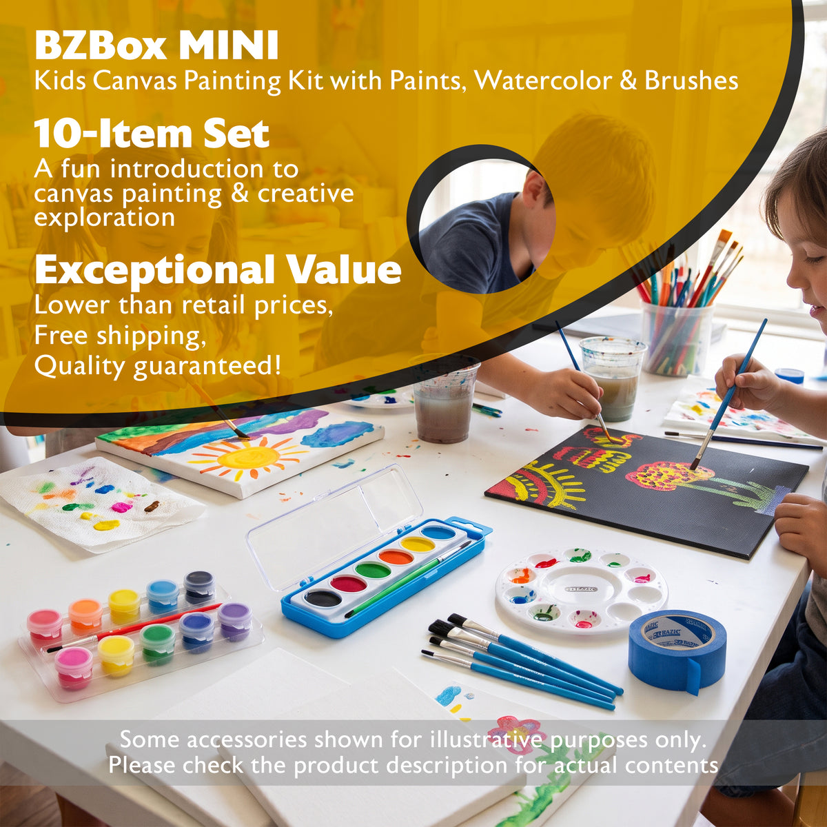 Kids Canvas Painting Kit with Paints, Watercolor & Brushes, 10 items, BZBox