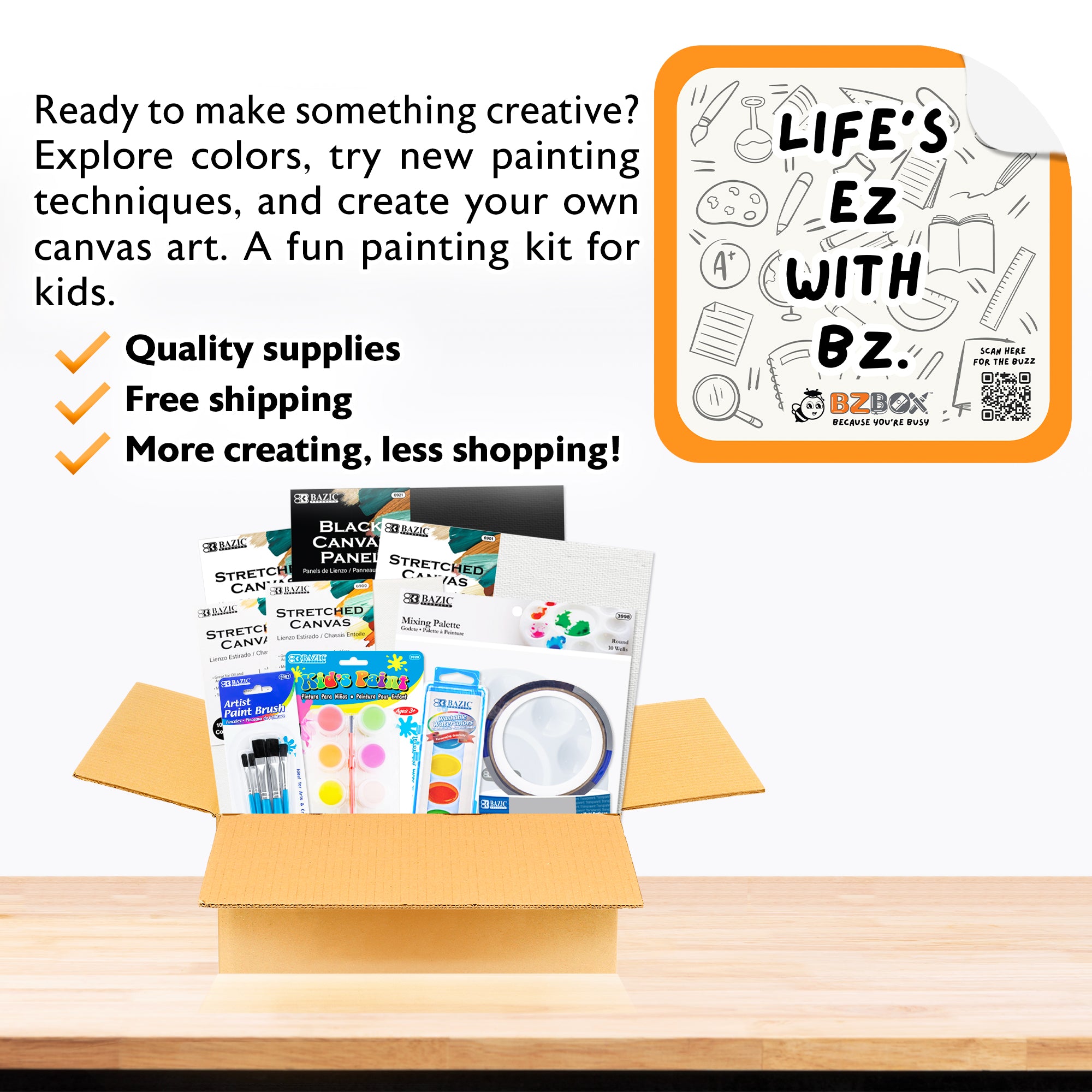 Kids Canvas Painting Kit with Paints, Watercolor & Brushes, 10 items, BZBox