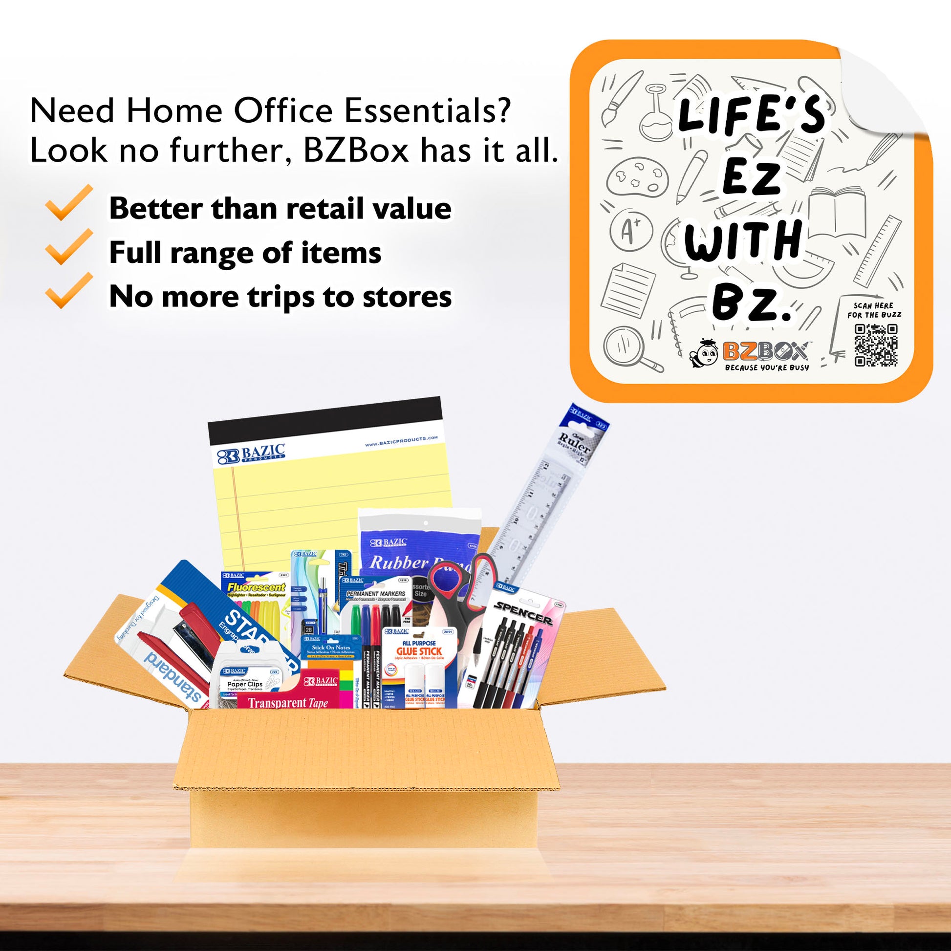 Mini home office essentials starter kit from BZ with 13 items, including stationery and organizational tools in a boxed set.