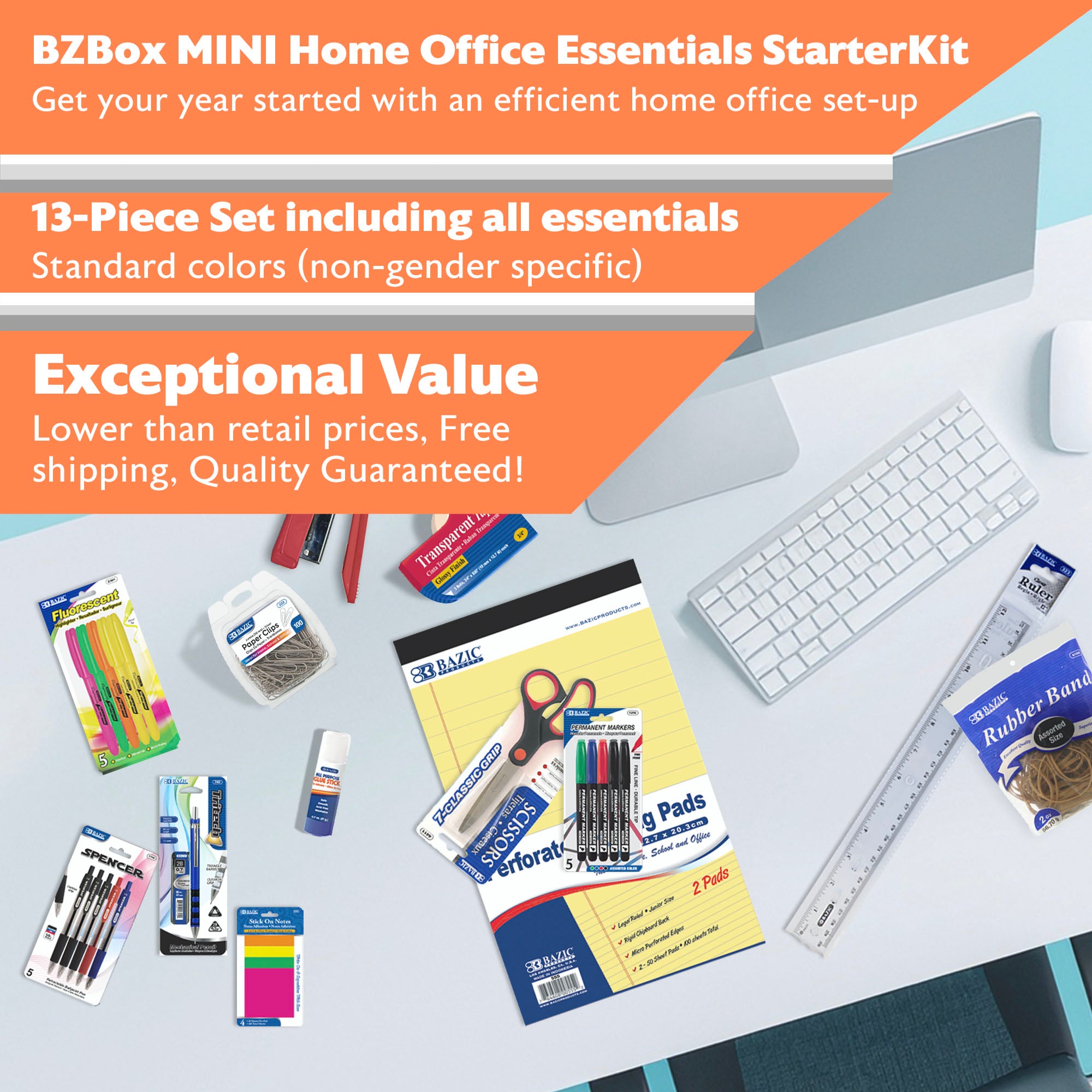 BZ home office starter kit with 13 essential items, including stationery and organization tools for a functional workspace.