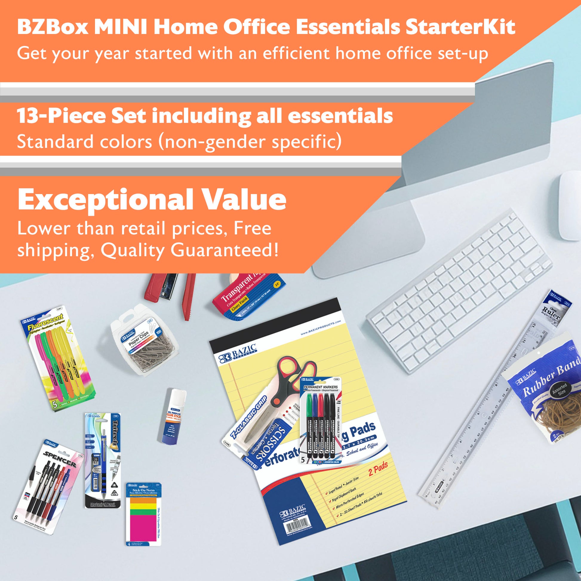 BZ home office starter kit with 13 essential items, including stationery and organization tools for a functional workspace.