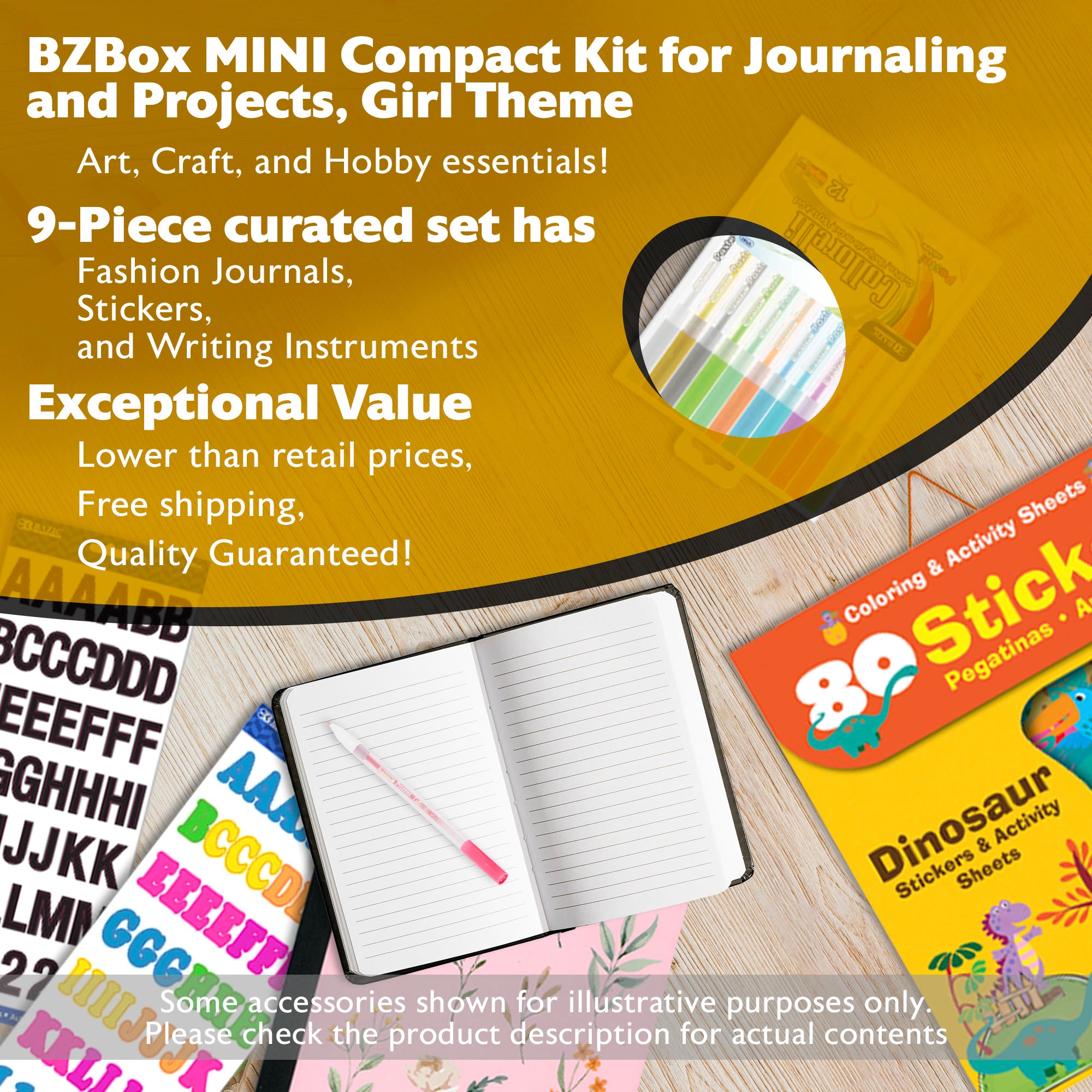 Compact Kit for Journaling and Projects, Girl Theme, 9 Items,  MINI