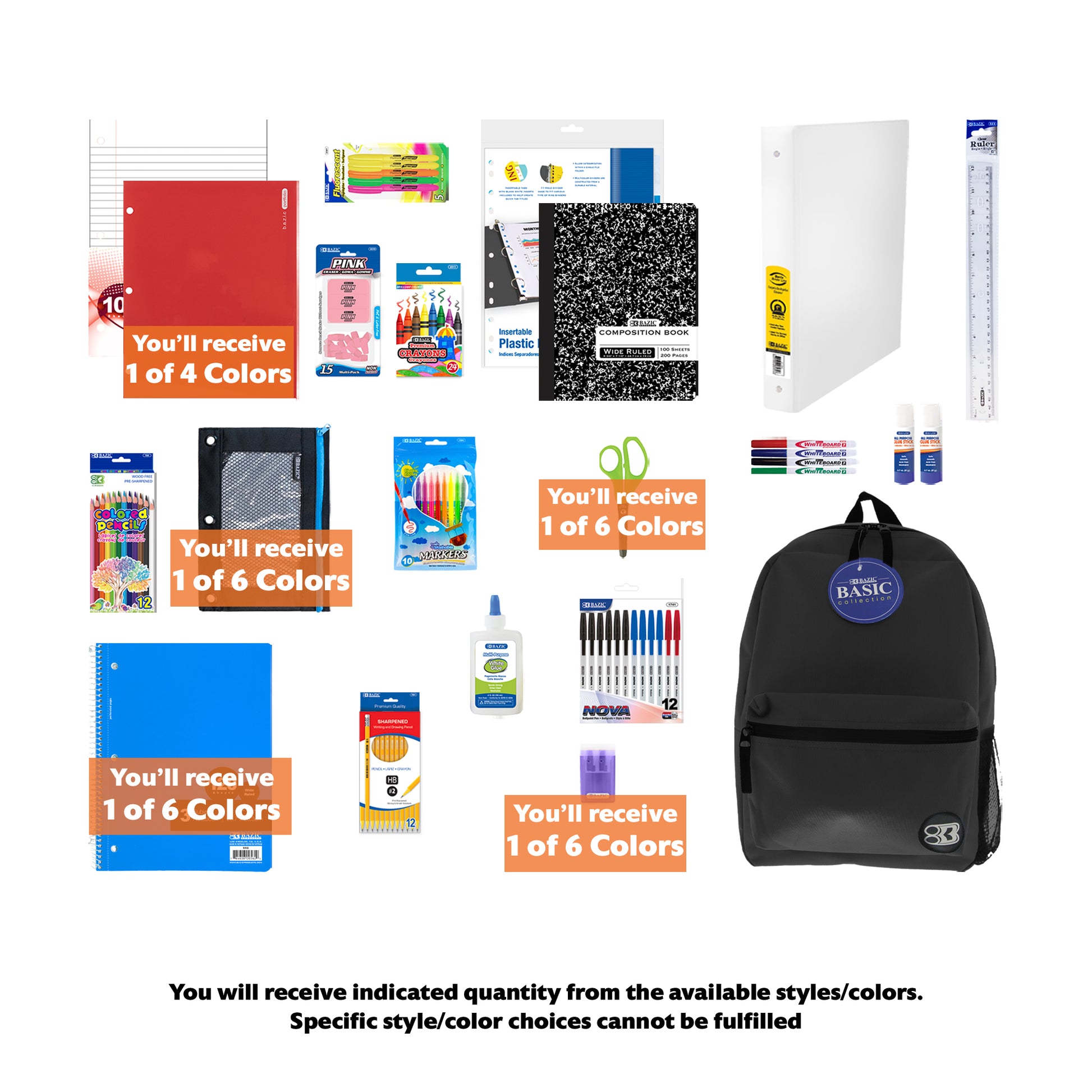 Elementary school back to school kit by BZ, including supplies for standard plus students, with notebooks and writing tools.