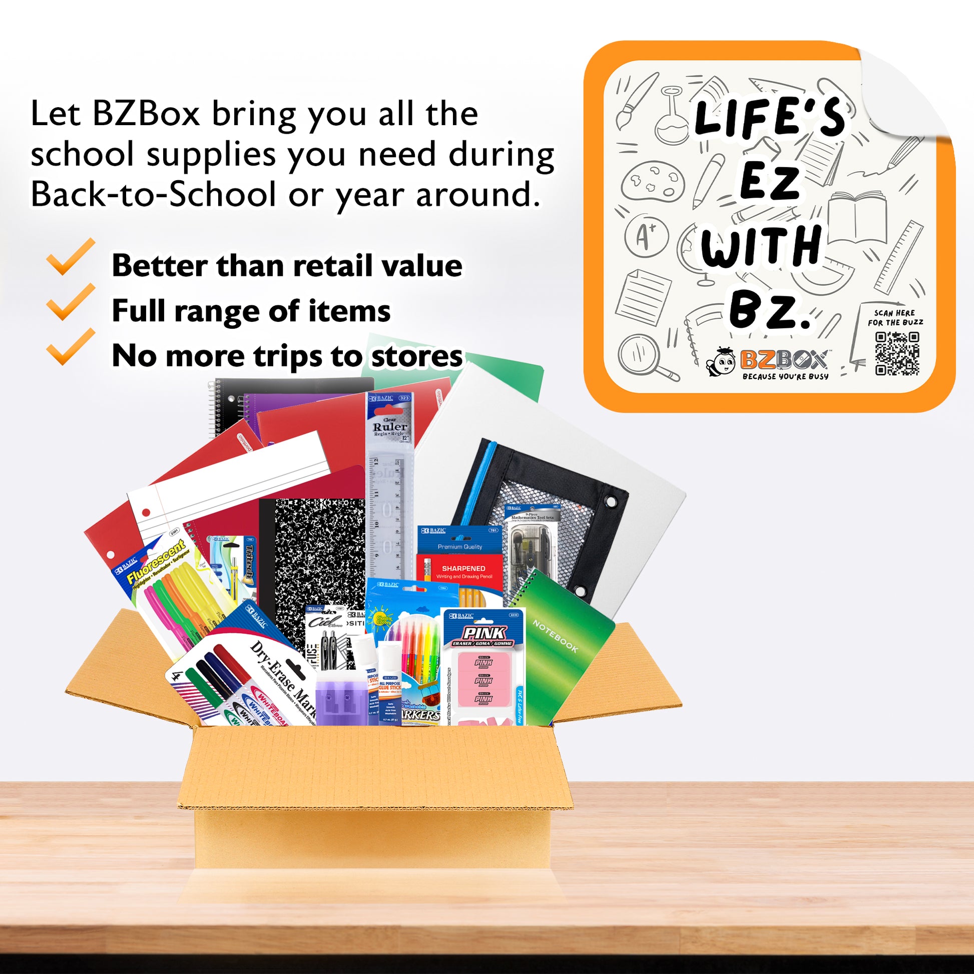 Boxed middle school back to school kit by BZ, includes essentials for students in standard plus, US edition.