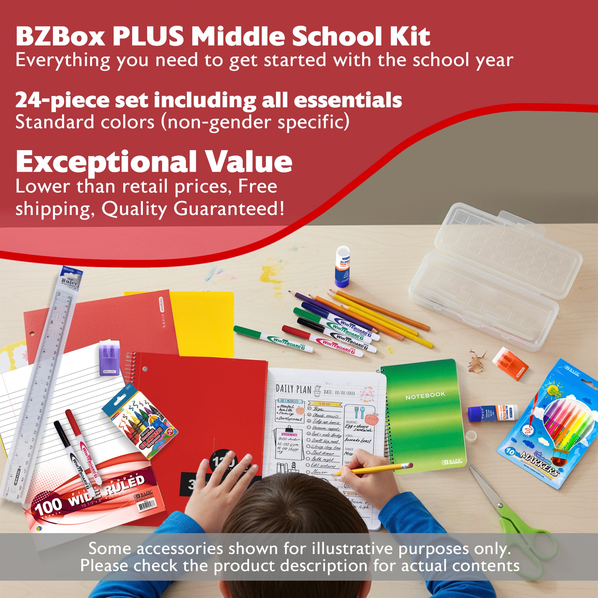 Middle school back to school kit from BZ including stationery supplies and learning tools for students.