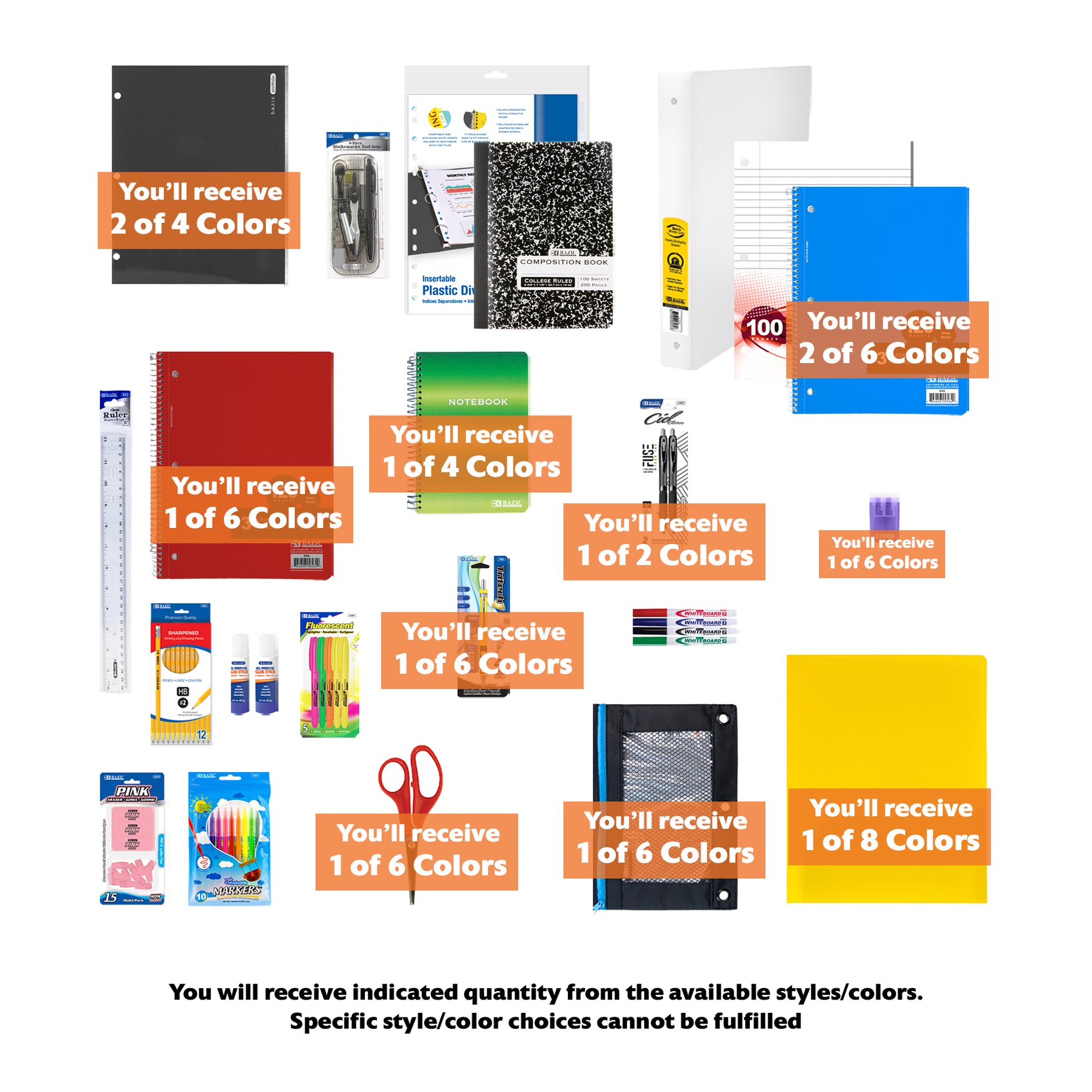 Middle school back to school kit by BZ, including supplies like notebooks, pencils, and stationery for students' academic needs.
