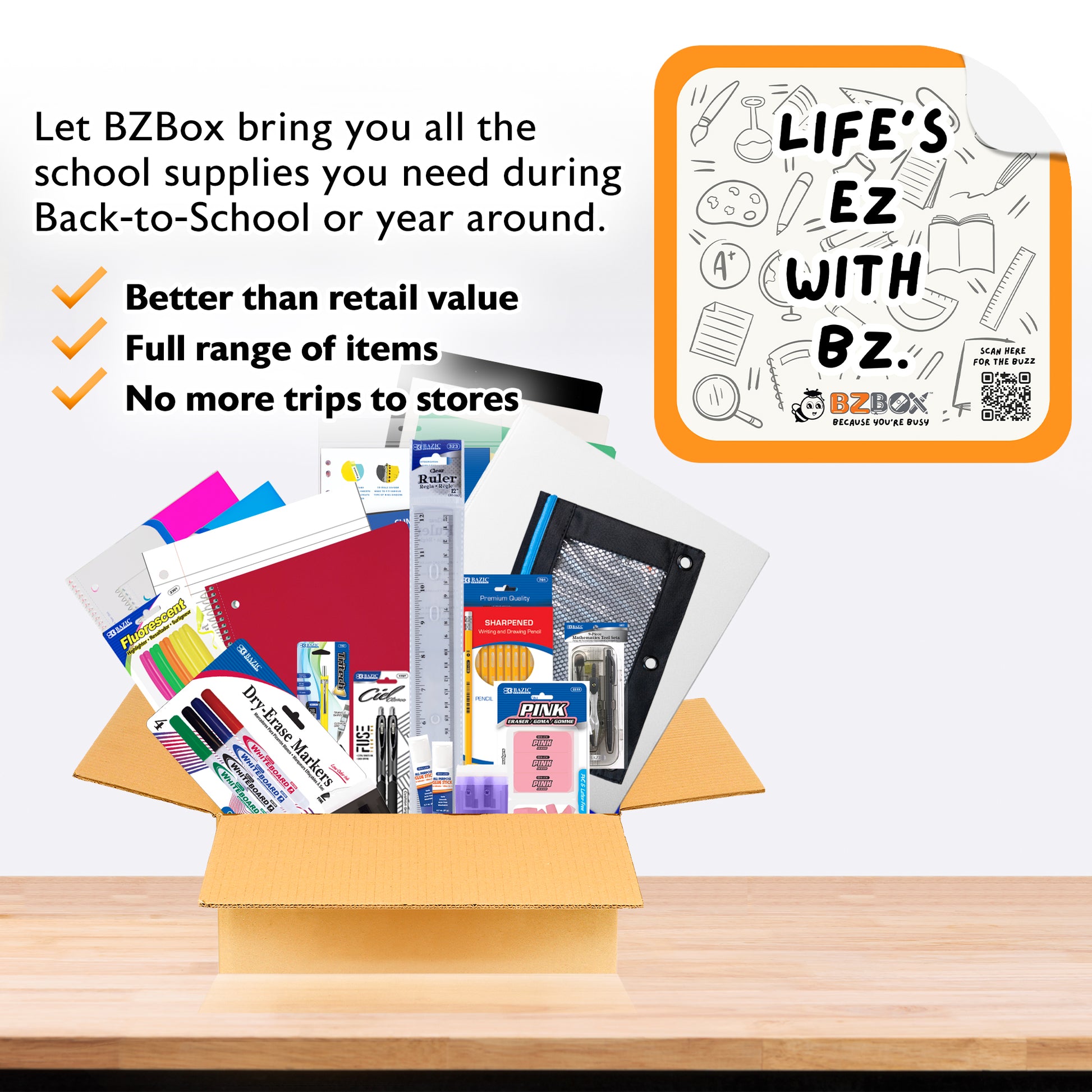 High school back to school kit by BZ, includes school supplies in a box for US students.
