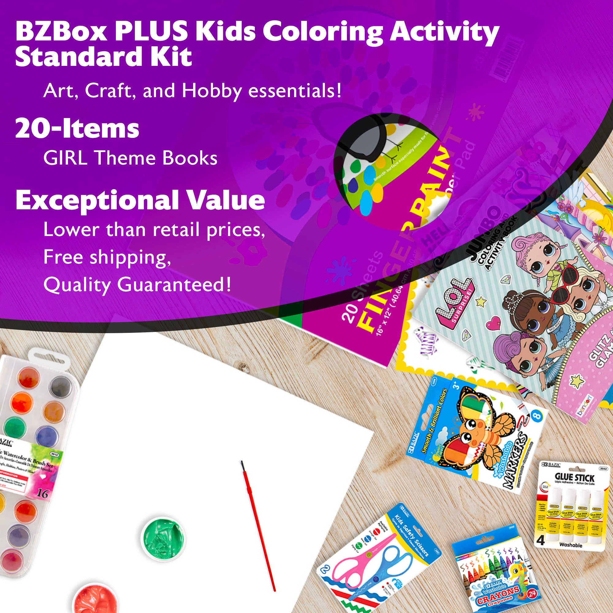 Kids Coloring Activity Kit, Standard Kit, PLUS, 20 items, GIRL Theme books