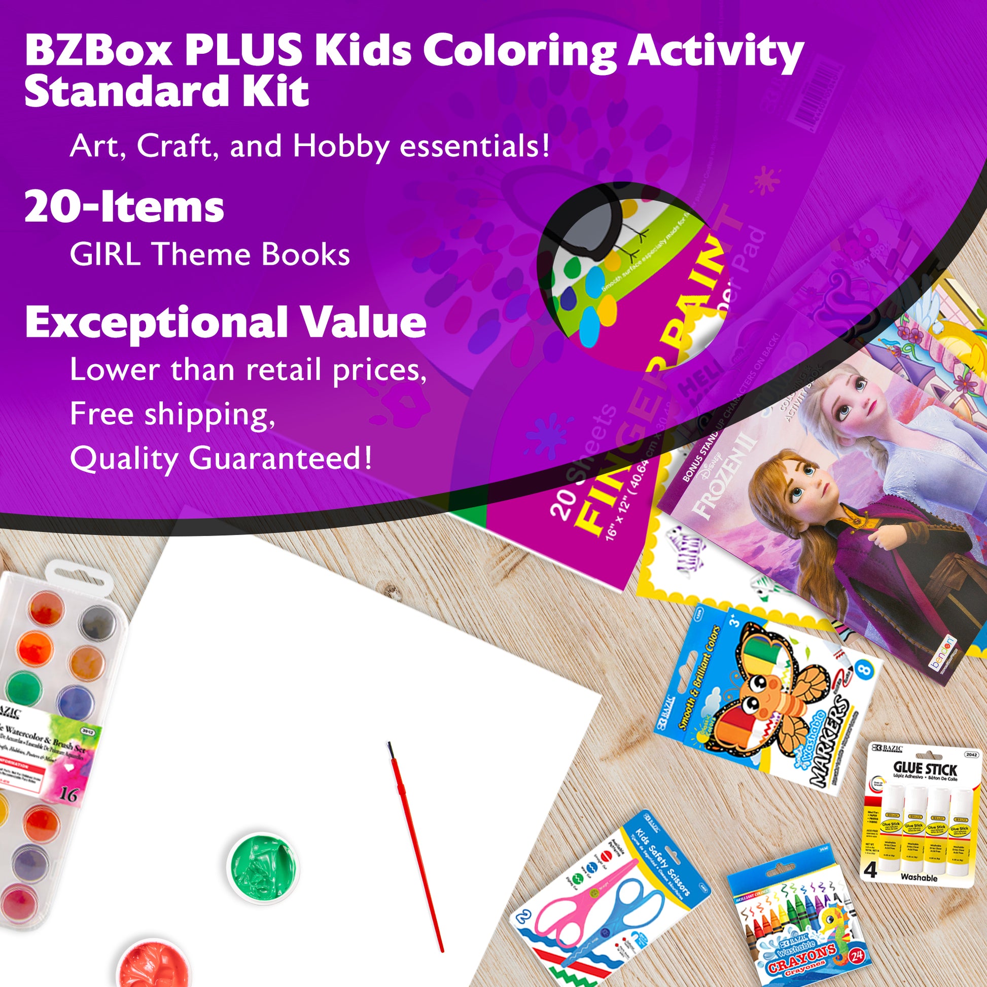 Kids coloring activity kit by BZ, girl-themed books, includes 20 art and activity items for children to enjoy creative play.