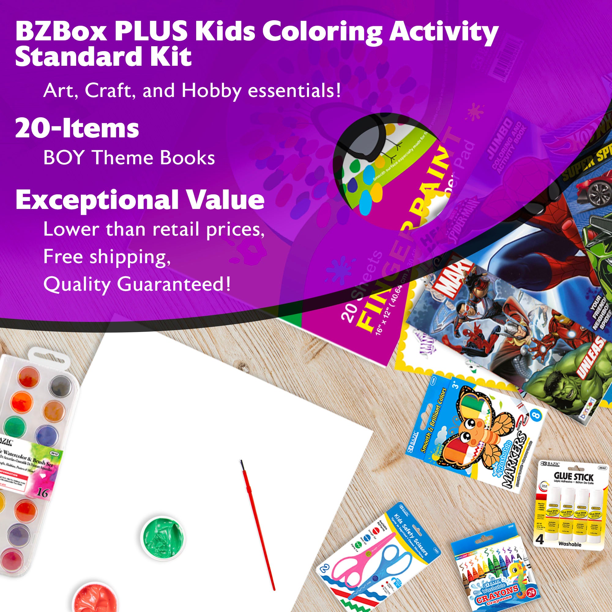 Kids Coloring Activity Kit, Standard Kit, PLUS, 20 items, BOY Theme books