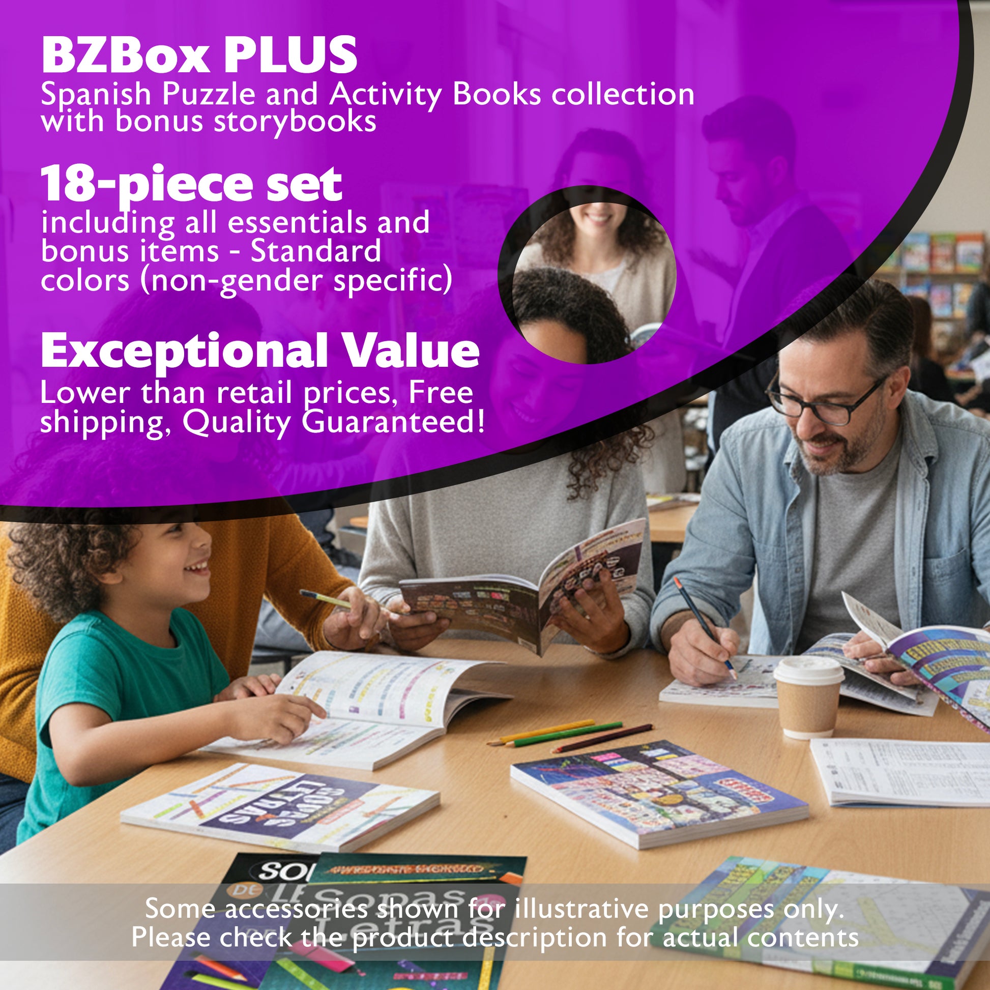 Spanish Puzzle and Activity Books collection with bonus storybooks, 18 items, PLUS