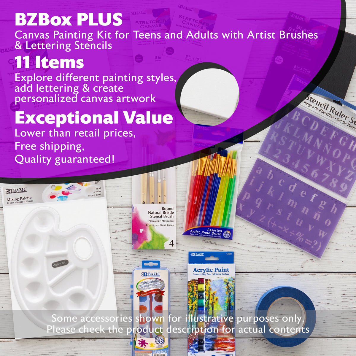 Canvas Painting Kit for Teens & Adults with Artist Brushes & Lettering Stencils, 11 Items, BZBox