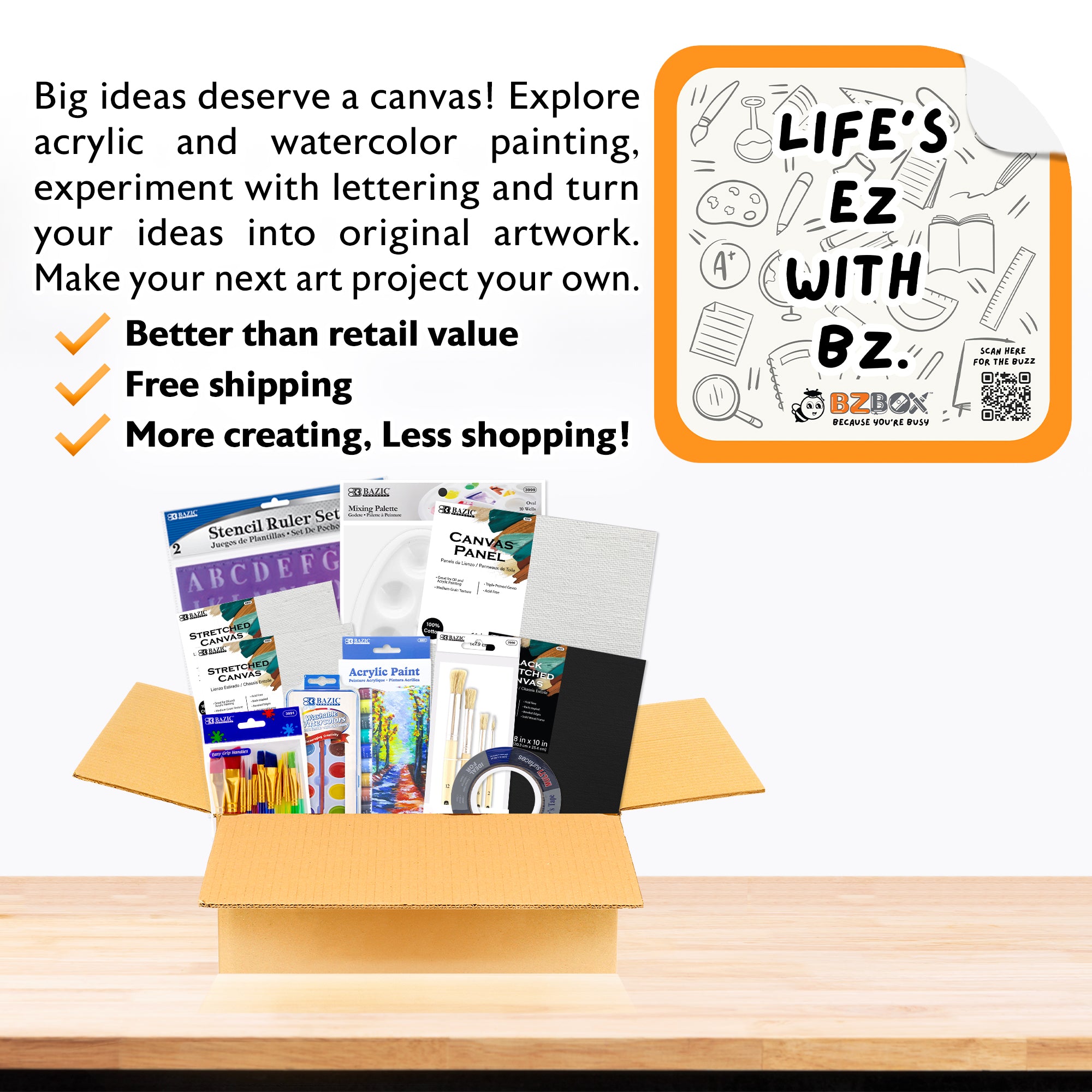 Canvas Painting Kit for Teens & Adults with Artist Brushes & Lettering Stencils, 11 Items, BZBox