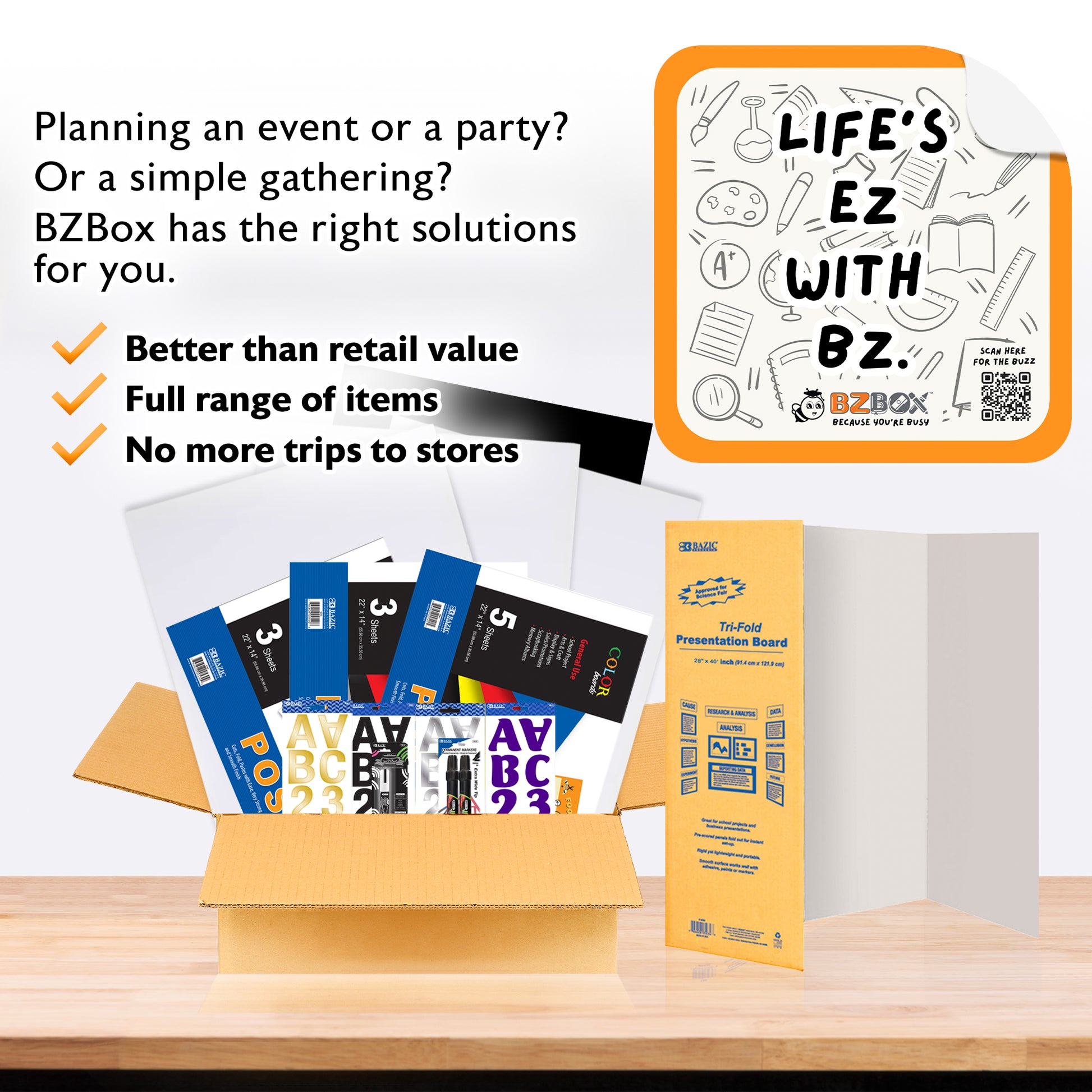 BZ Event Kits signage and posters set with 15 items for special events and projects, including various banners and display materials.