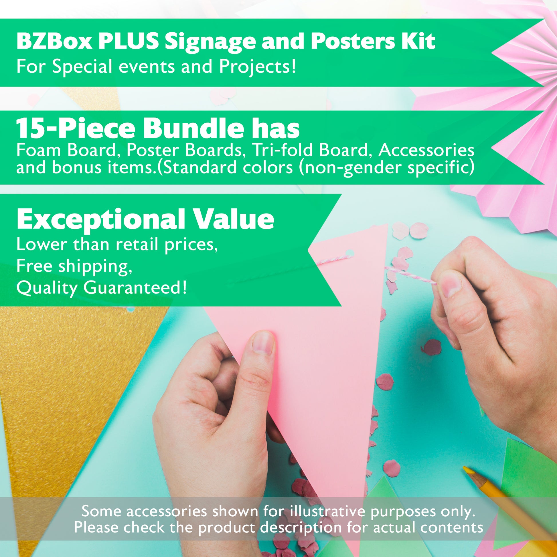 BZ Event Kits signage and posters set, 15 pieces for special events, includes various banners and display materials.