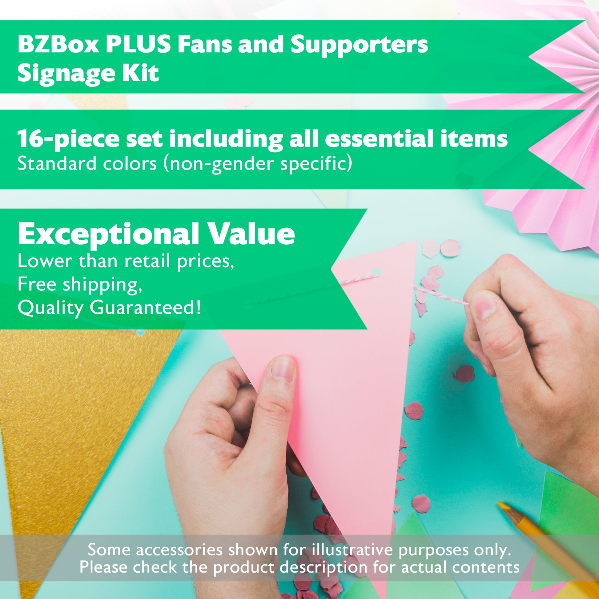 Fans and supporters signage kit from BZ, includes 16 event signs with colorful designs for cheering and support.