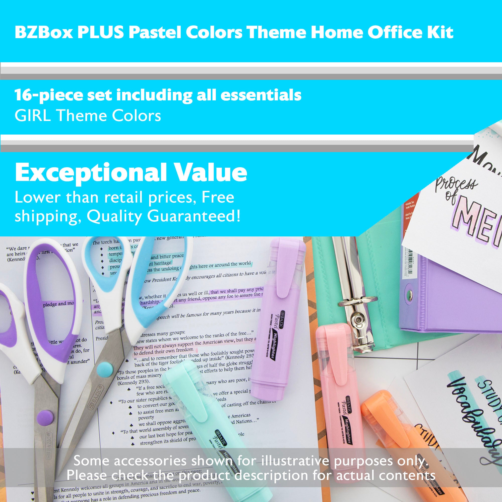 Pastel Colors Theme Home Office Kit, Girl, 16 Items,  PLUS