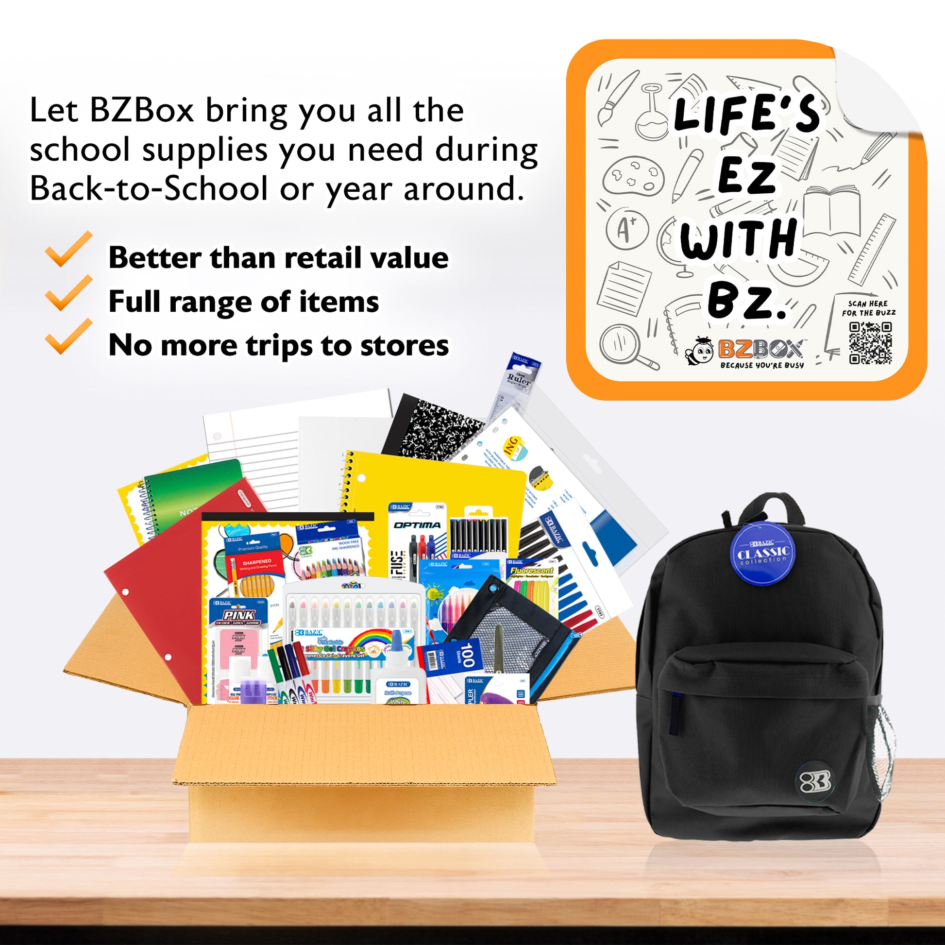 Elementary school back to school kit by BZ, includes pencils, notebooks, and supplies for students, boxed and ready for use.