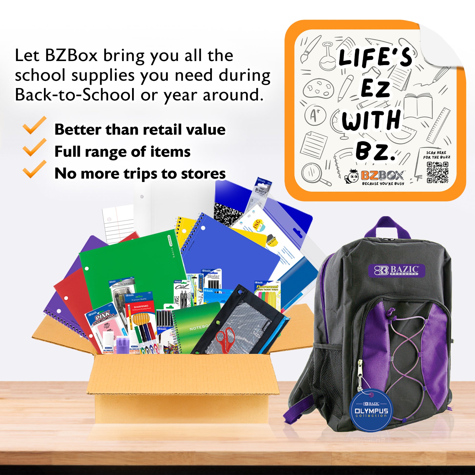 Back to School Kit for middle school students, includes school supplies from BZ, boxed and ready for use.