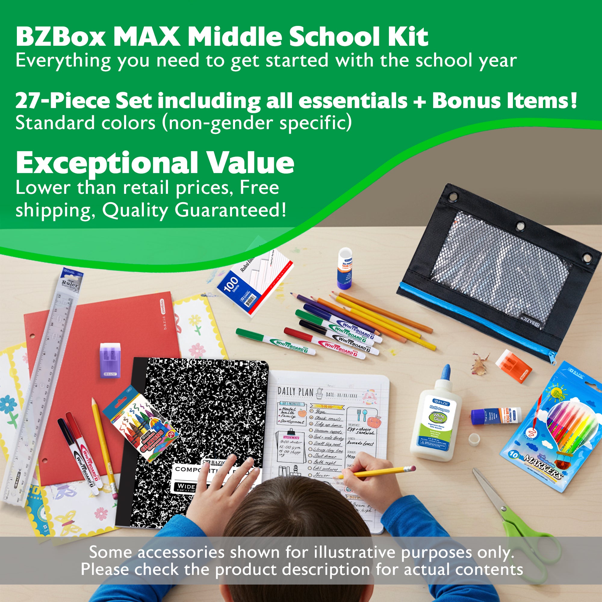 Middle school back to school kit by BZ, includes notebooks, pencils, and supplies for standard US students.