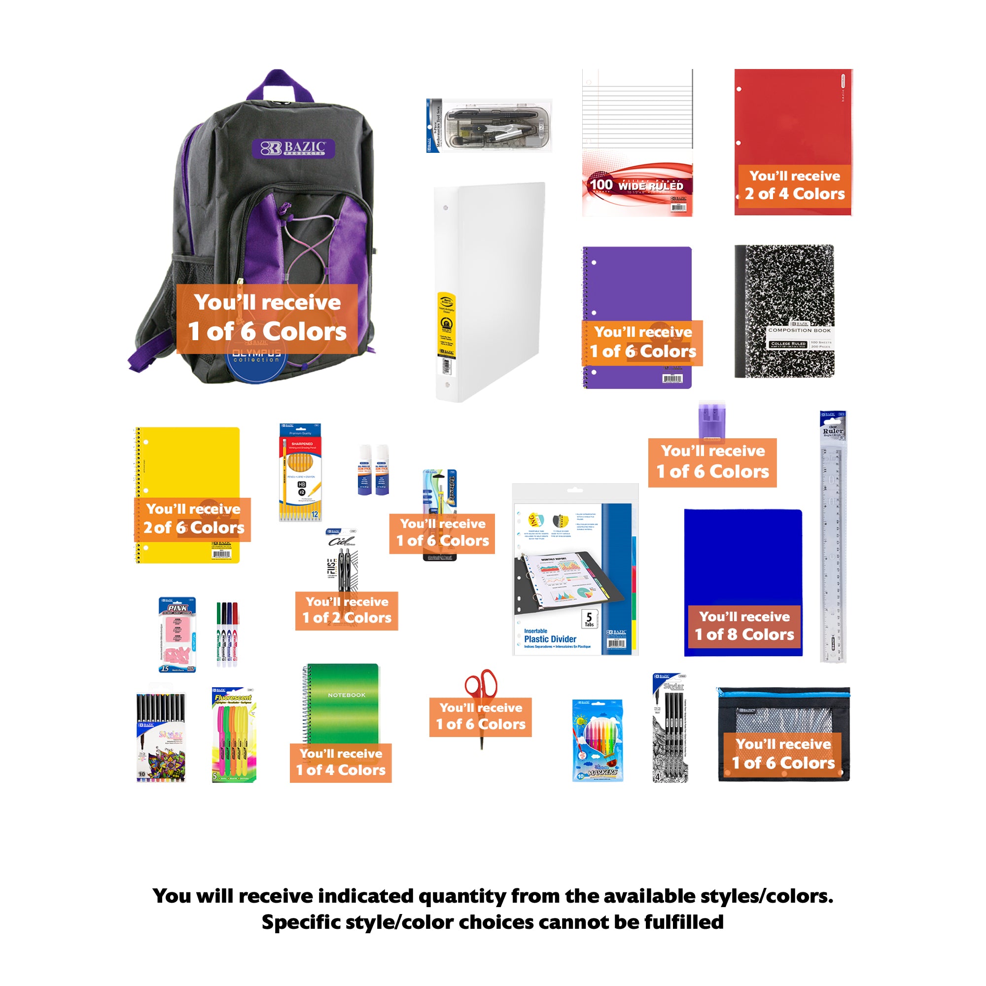 BZ Back to School Kit for Middle School includes school supplies like notebooks, pencils, and folders in a colorful set.