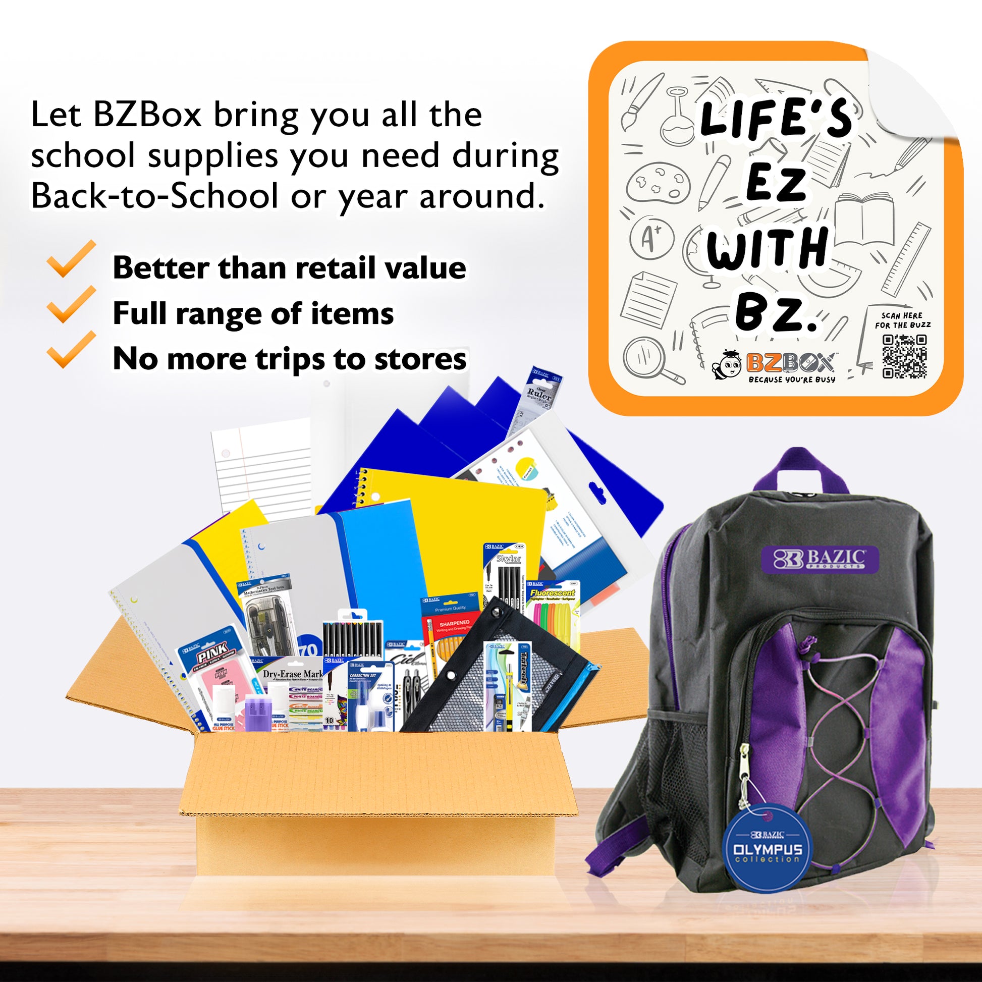 Back to School Kit for high school students, includes essential school supplies in a BZ branded box.