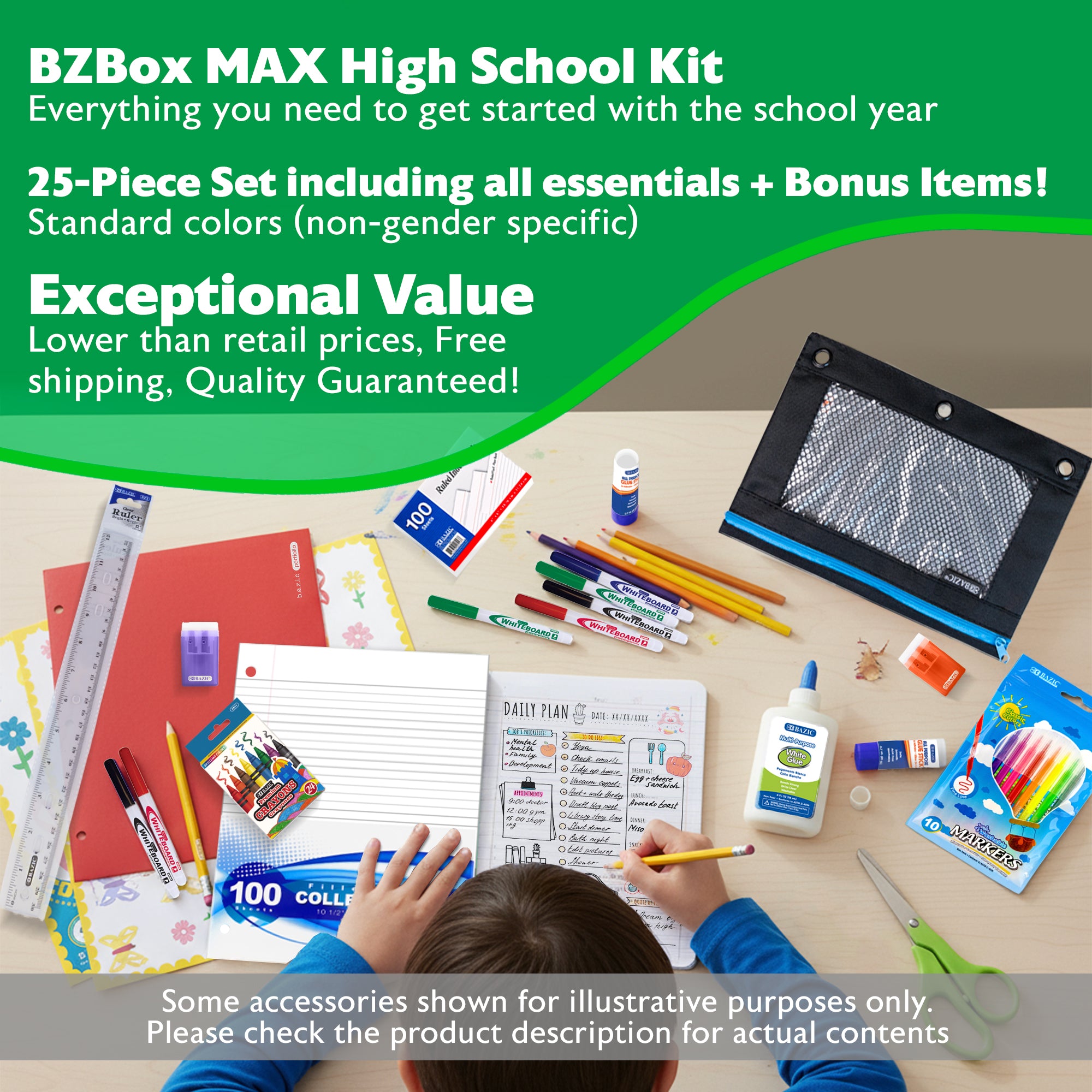 High school back to school kit from BZ featuring notebooks, pens, and supplies for students in standard and maximum grades.