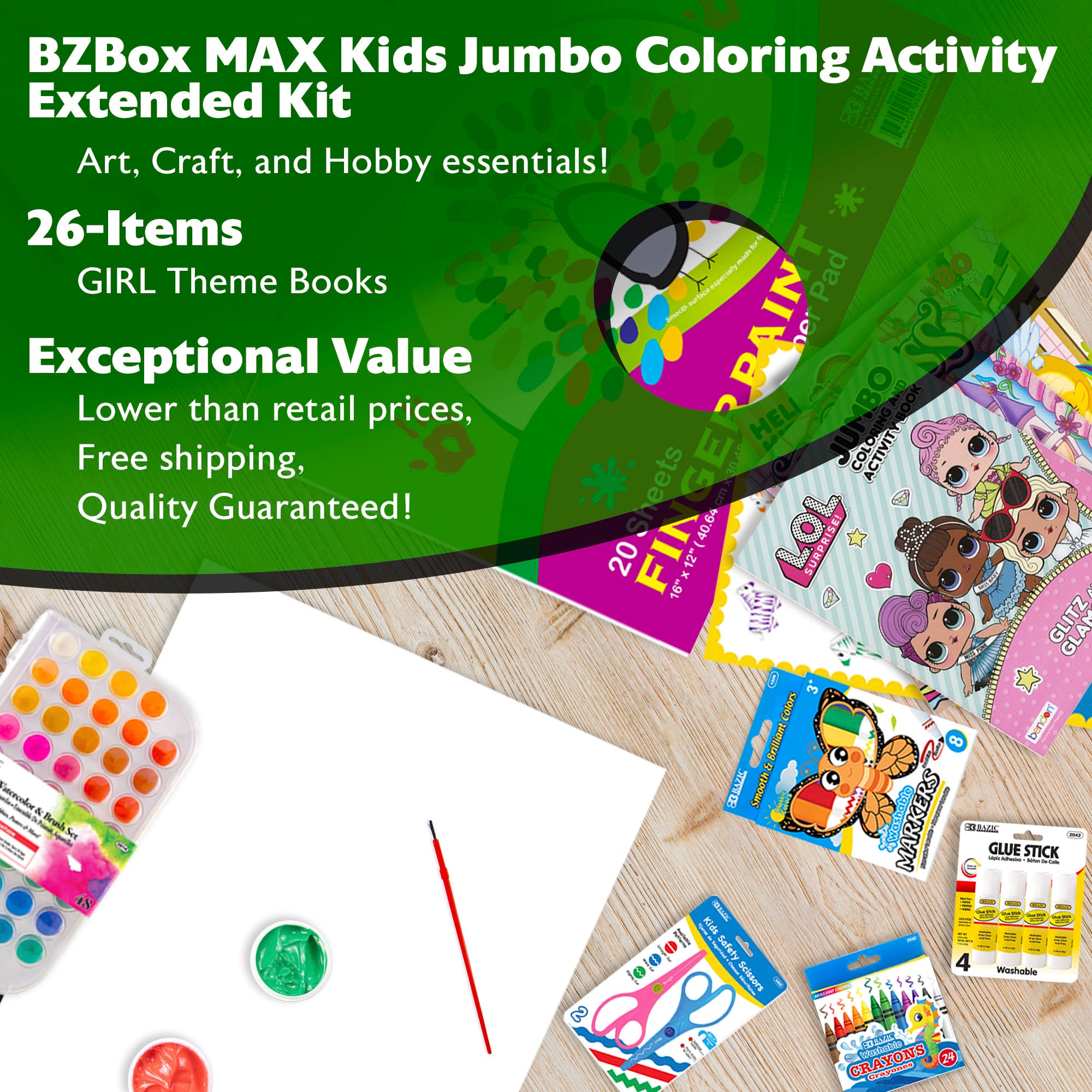Kids Jumbo Coloring Activity Kit, Extended Kit, MAX, 26 items, GIRL Theme Books.