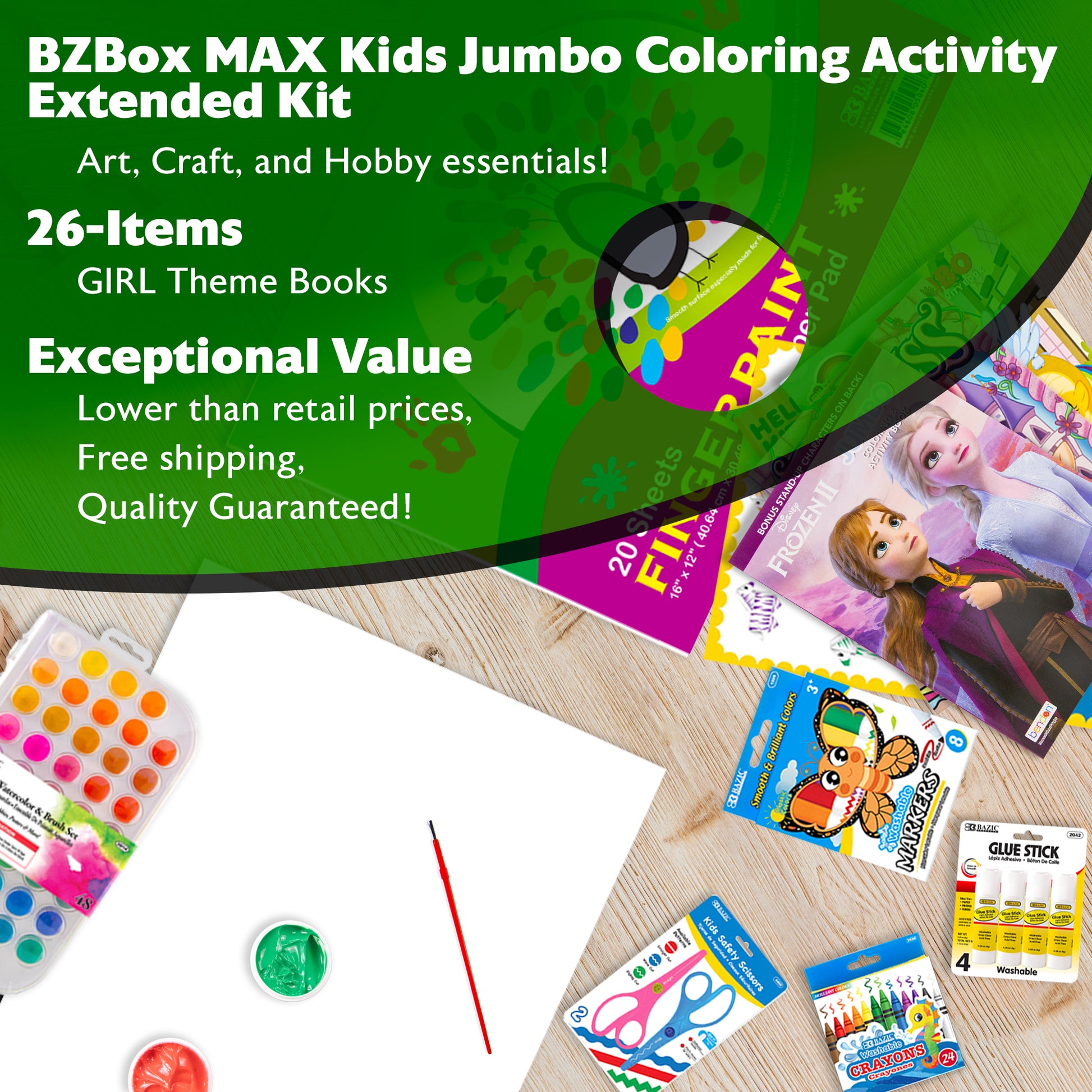 Kids jumbo coloring activity kit by BZ featuring girl-themed books, with 26 art and activity items for creative fun.