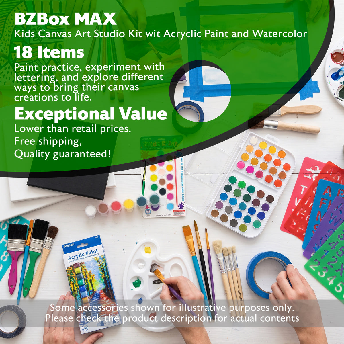 Kids Canvas Art Studio Kit with Acrylic Paint & Watercolor, 18 Items, BZBox