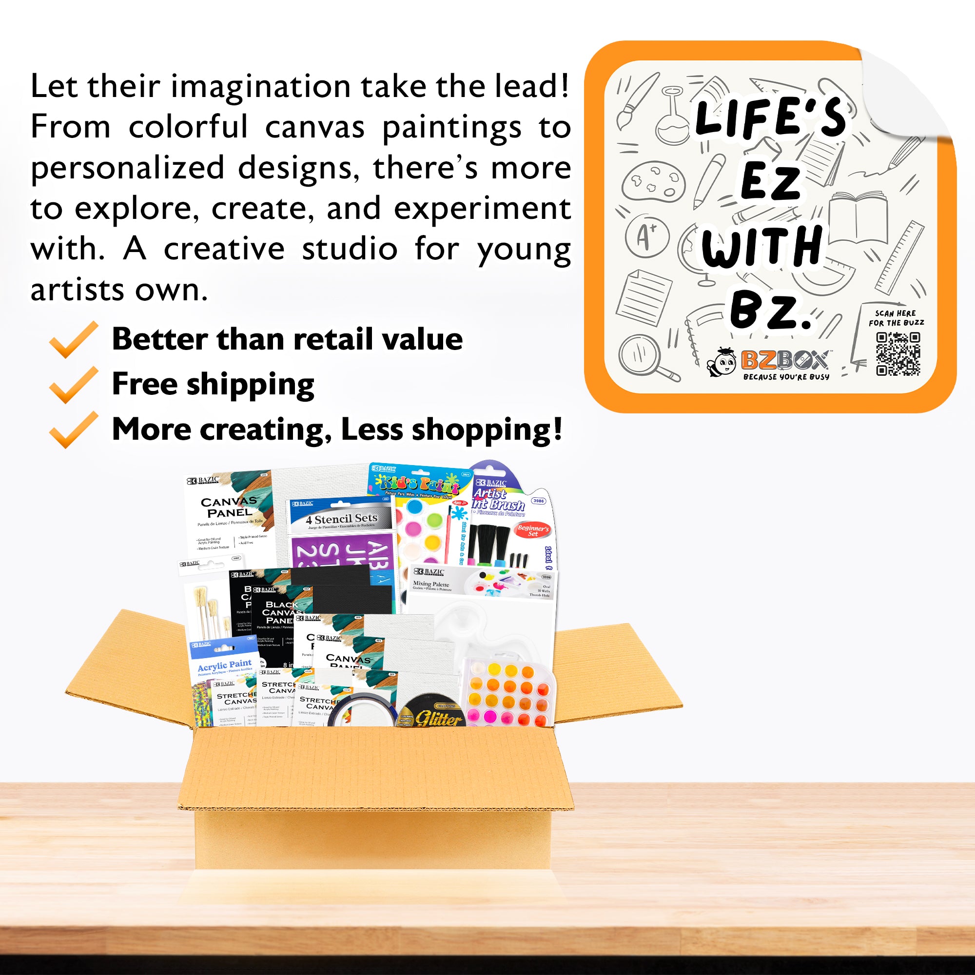 Kids Canvas Art Studio Kit with Acrylic Paint & Watercolor, 18 Items, BZBox