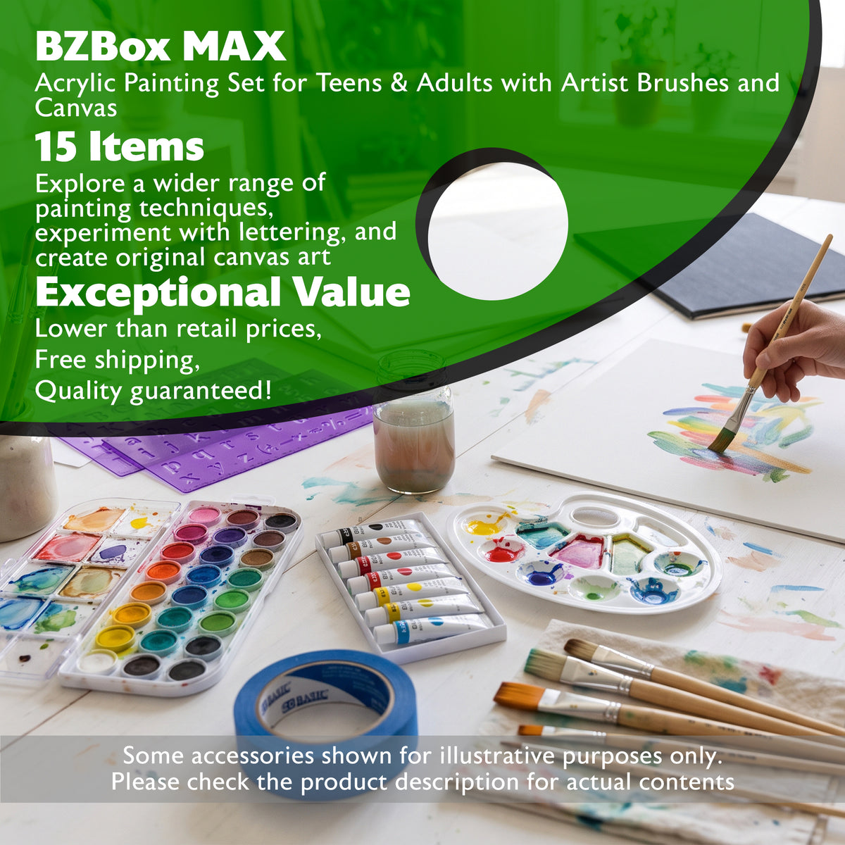 Acrylic Painting Set for Teens & Adults with Artist Brushes and Canvas, 15 Items, BZBox