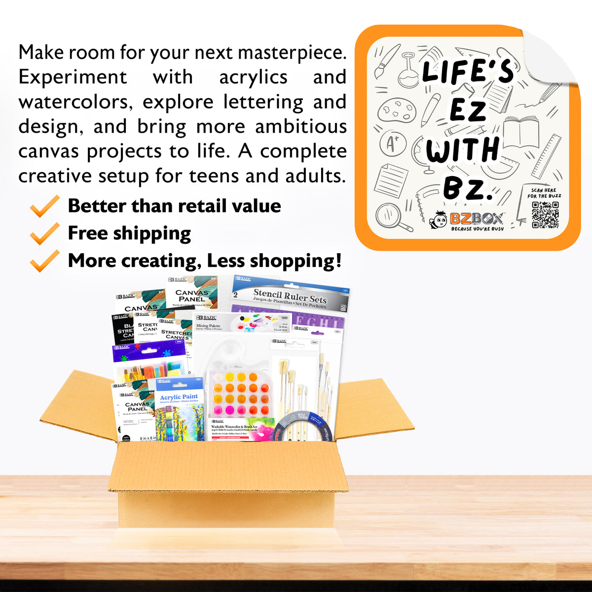 Acrylic Painting Set for Teens & Adults with Artist Brushes and Canvas, 15 Items, BZBox