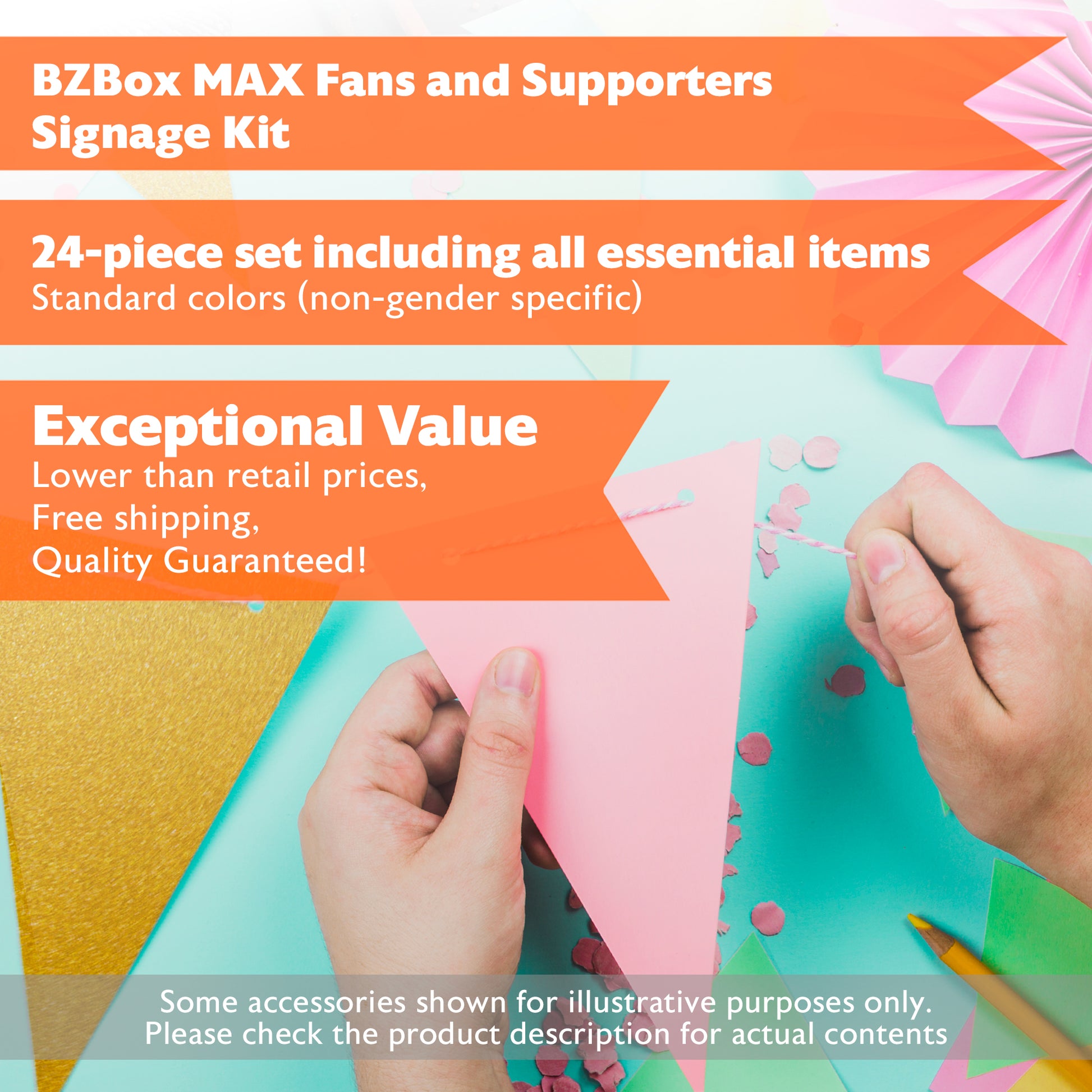 BZ Fans and Supporters Signage Kit with 24 event signs, featuring colorful banners and signage for cheering and supporting at events.