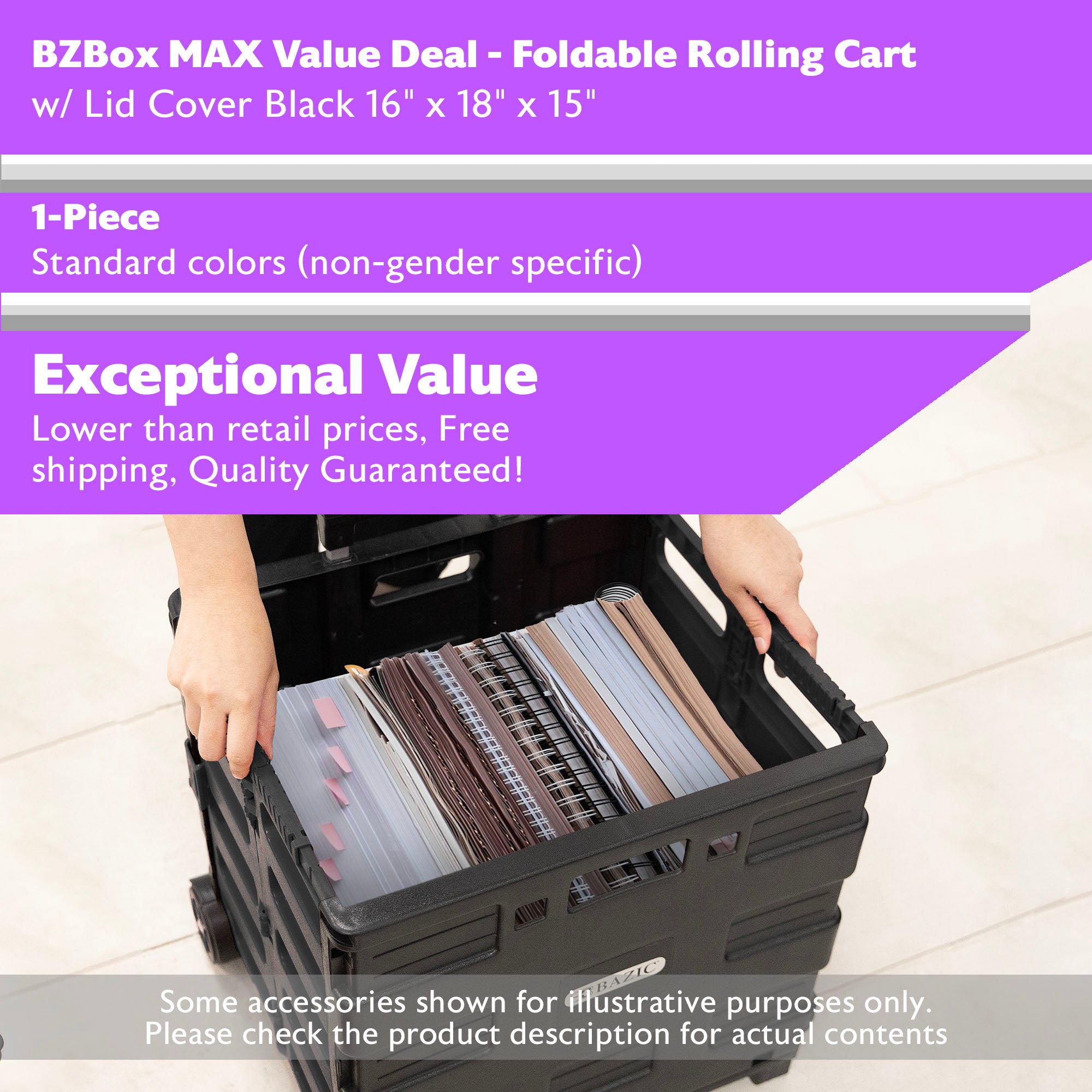 Value Deal - Foldable Rolling Cart w/ Lid Cover Black 16" X 18" X 15", MAX