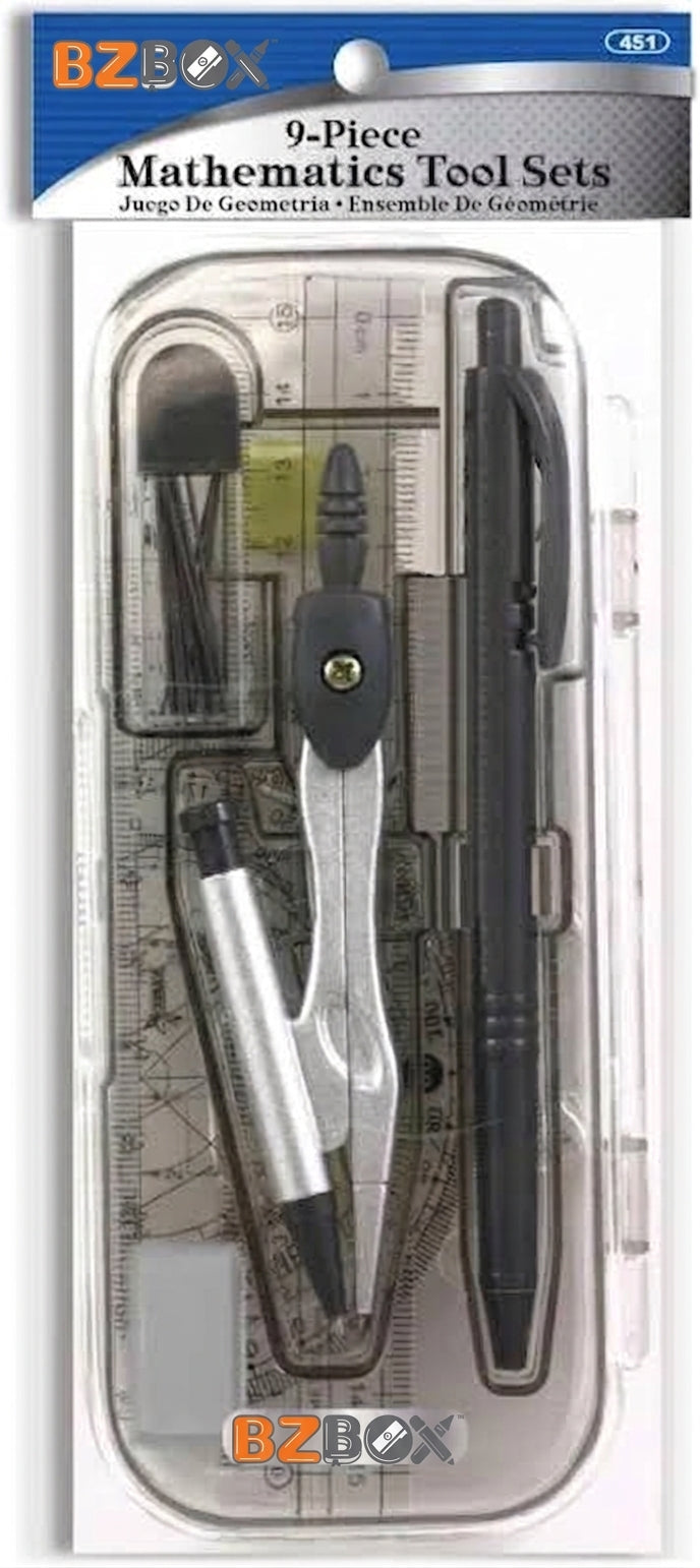 BZBox high school supplies kit with backpack and 25-piece geometry set, including ruler, protractor, and pencils for students