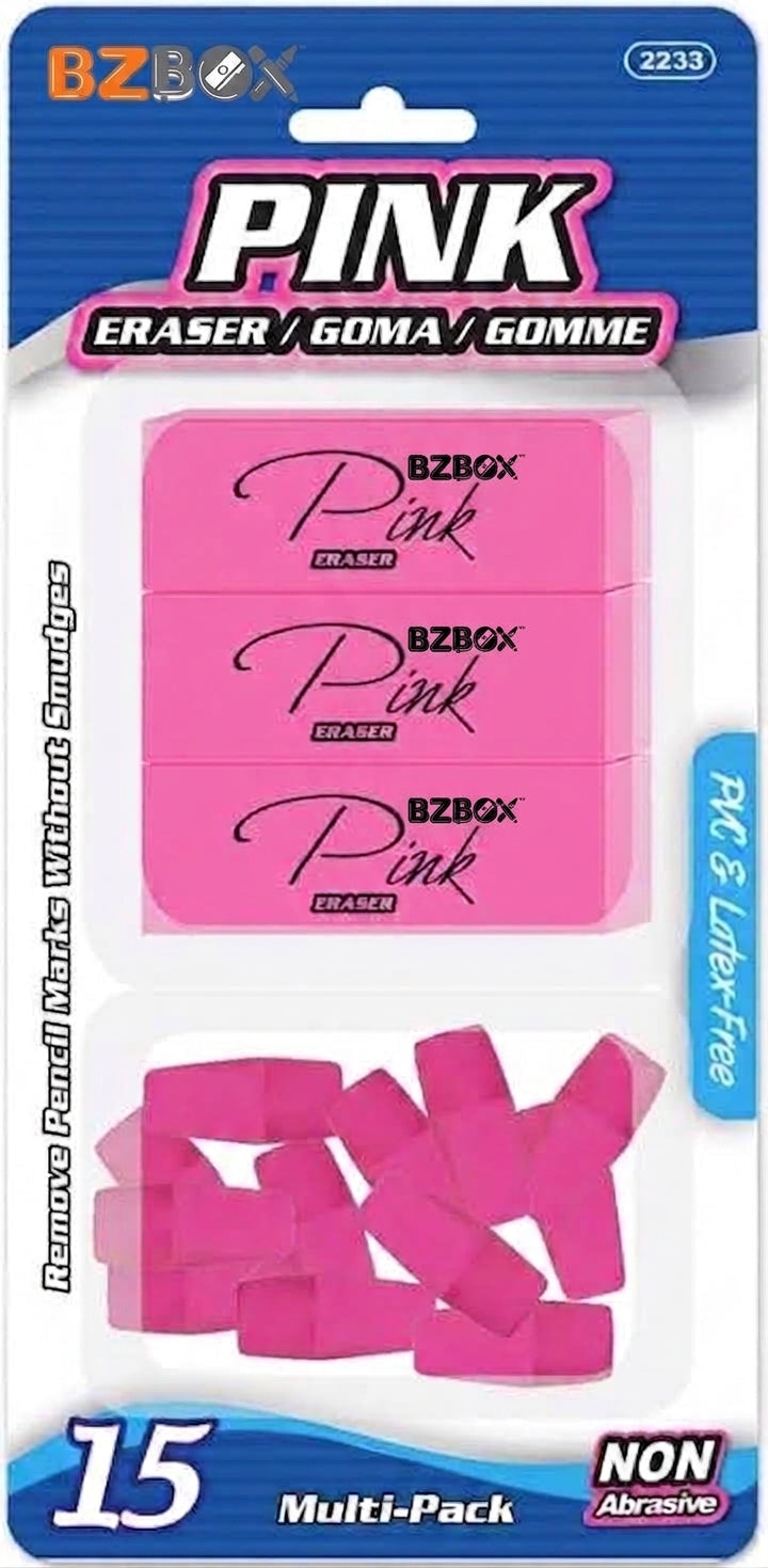 Pink erasers from BZBox high school supplies kit, 25-piece school kit with backpack, ideal for students' school essentials.