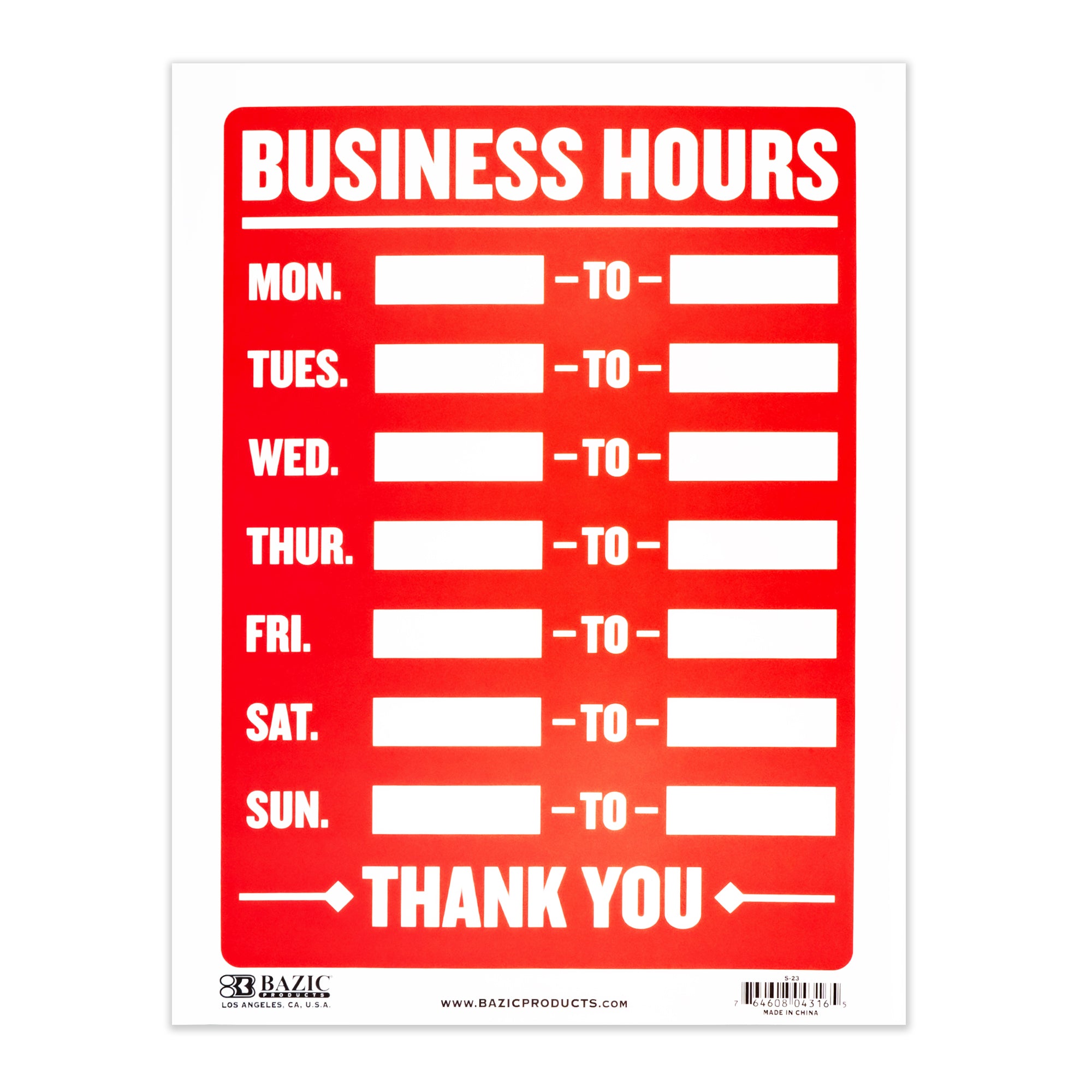 BAZIC BYOB business hours sign, 9x12 inches, with clear black text on white background for business display.