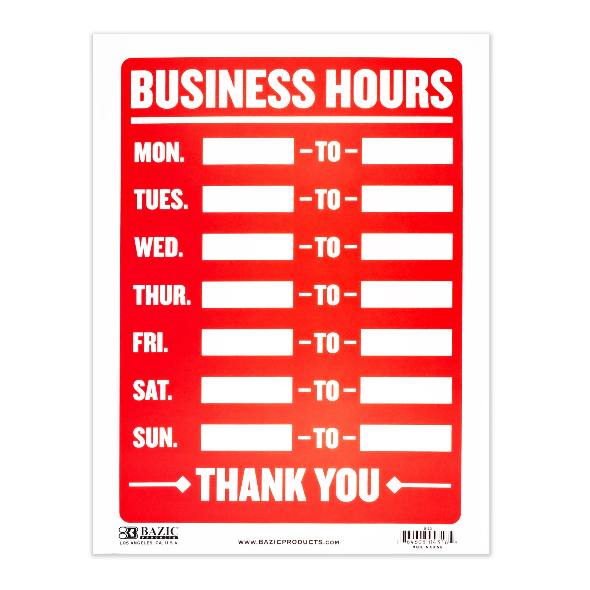 BAZIC BYOB business hours sign, 9x12 inches, with clear black text on white background for business display.