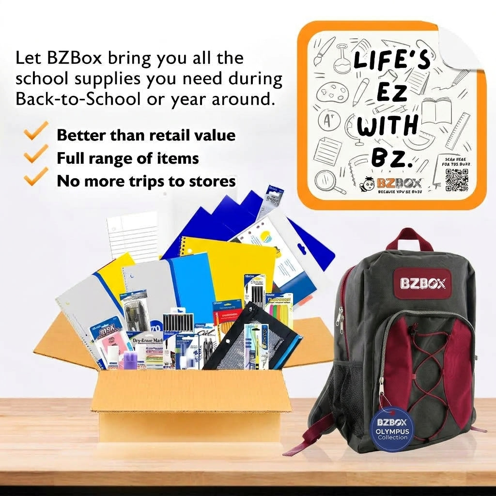 BZBox high school supplies kit with backpack, 25-piece set, including pens, notebooks, and stationery, arranged in a hamper.